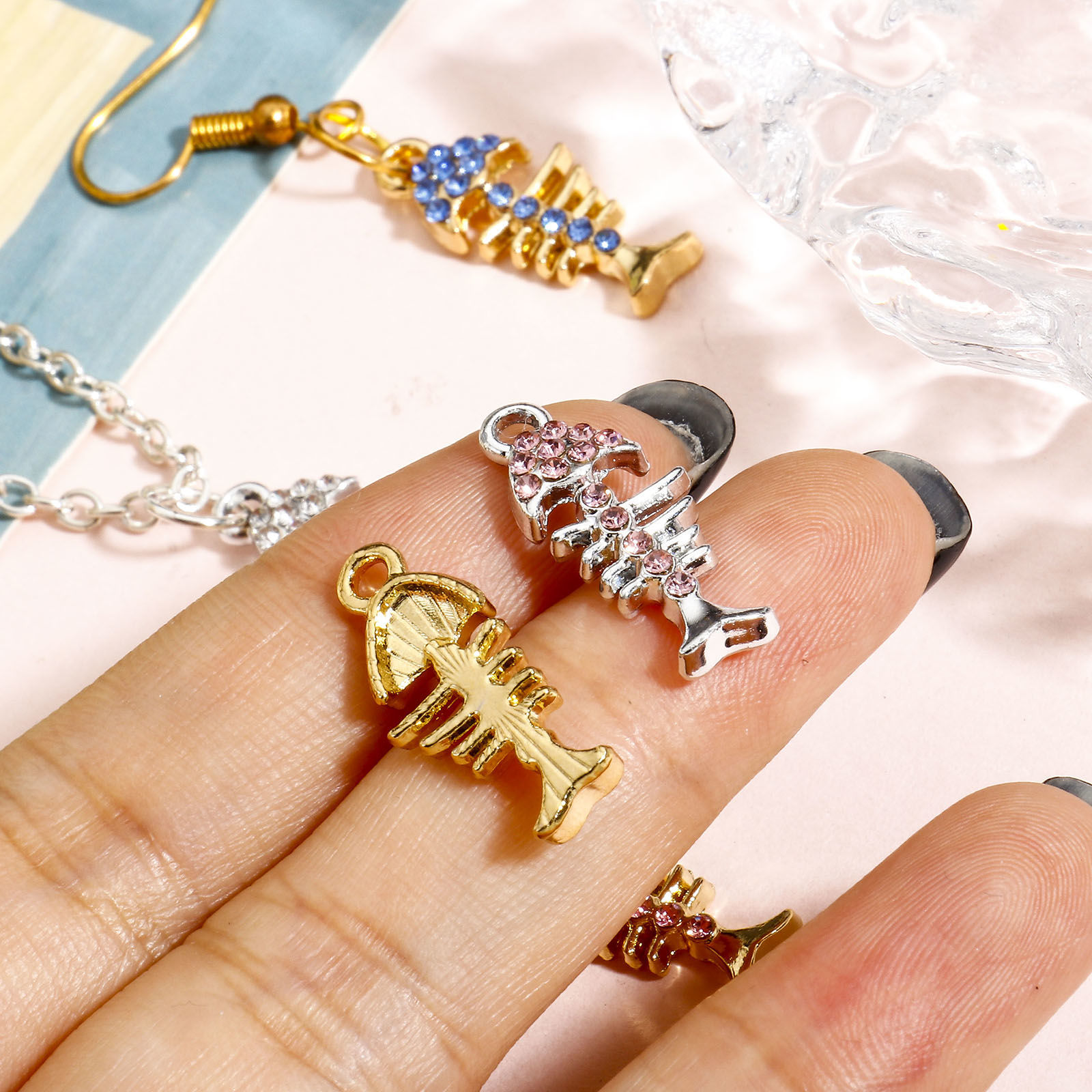 Picture of Zinc Based Alloy Ocean Jewelry Charms Multicolor Fish Bone Micro Pave 22mm x 9mm