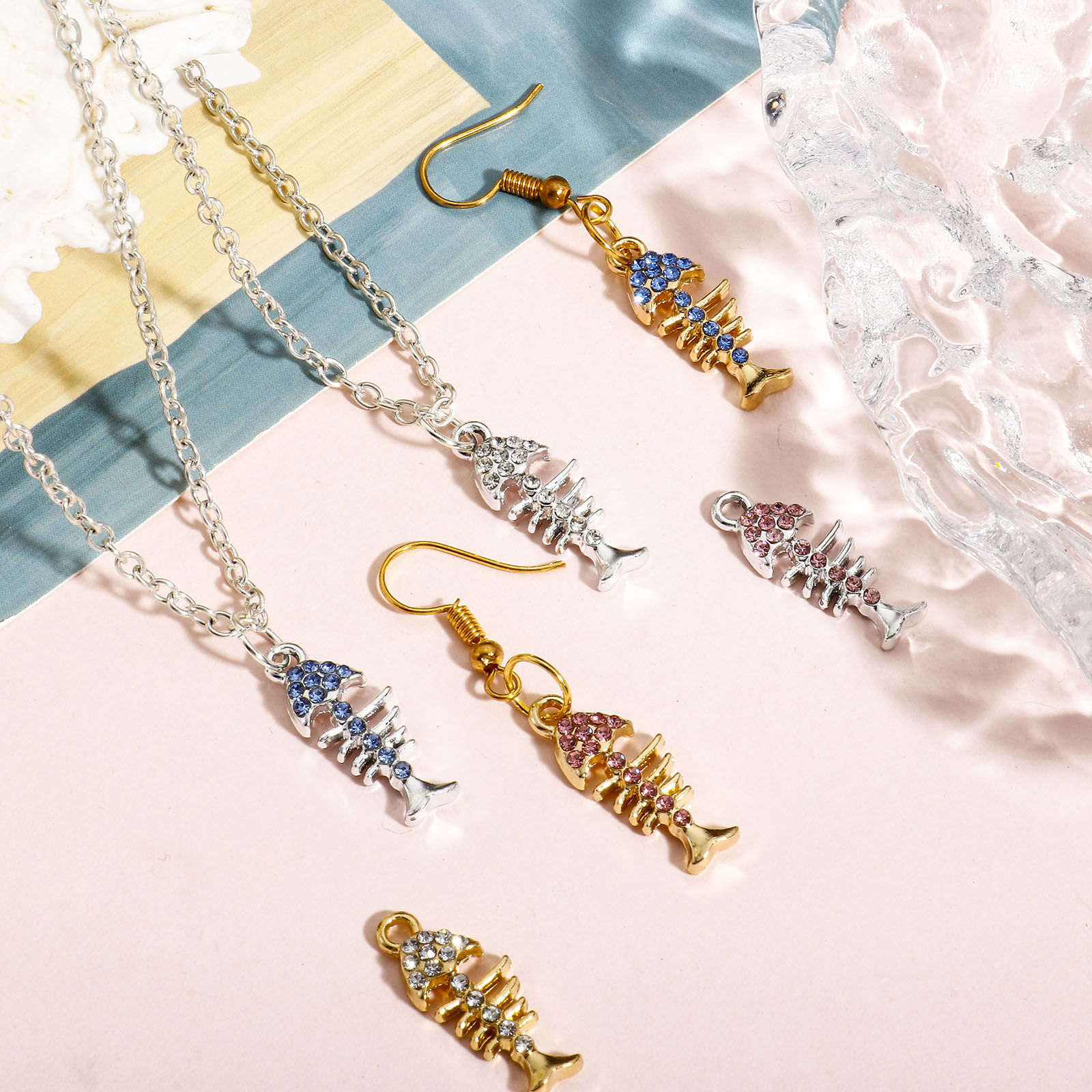 Picture of Zinc Based Alloy Ocean Jewelry Charms Multicolor Fish Bone Micro Pave 22mm x 9mm