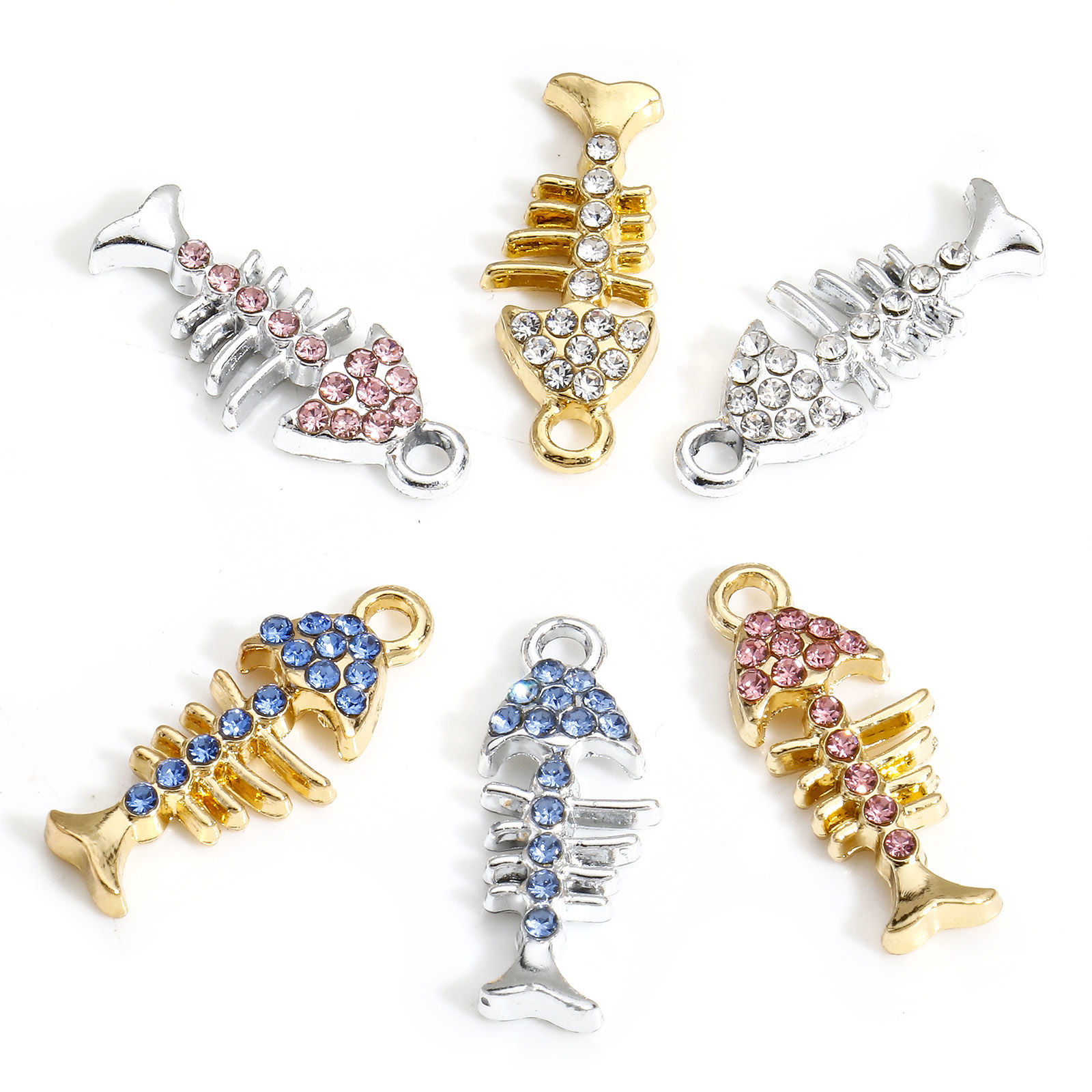 Picture of Zinc Based Alloy Ocean Jewelry Charms Multicolor Fish Bone Micro Pave 22mm x 9mm