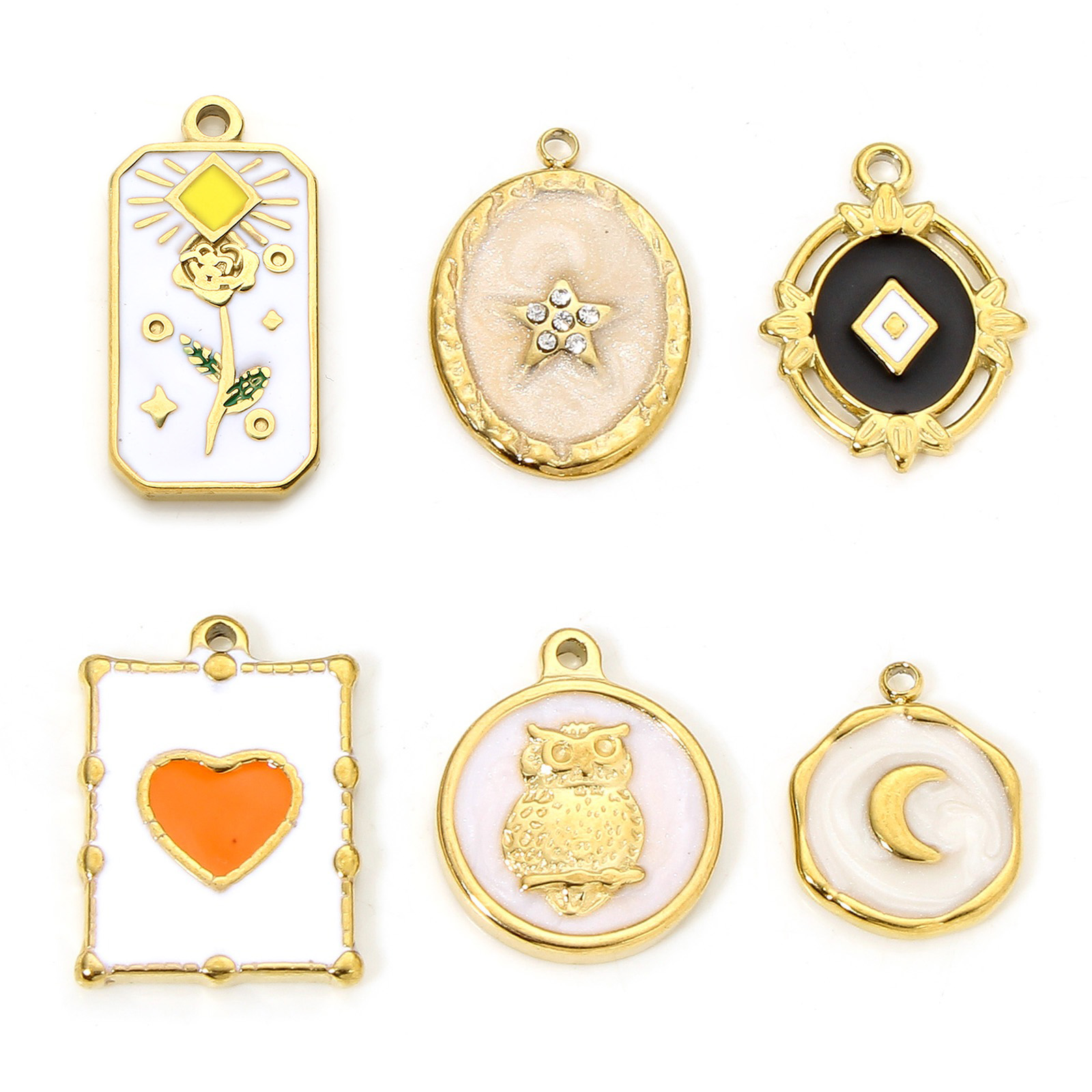 Picture of Eco-friendly Vacuum Plating 304 Stainless Steel Stylish Charms Gold Plated Multicolor Oval Rhombus Enamel