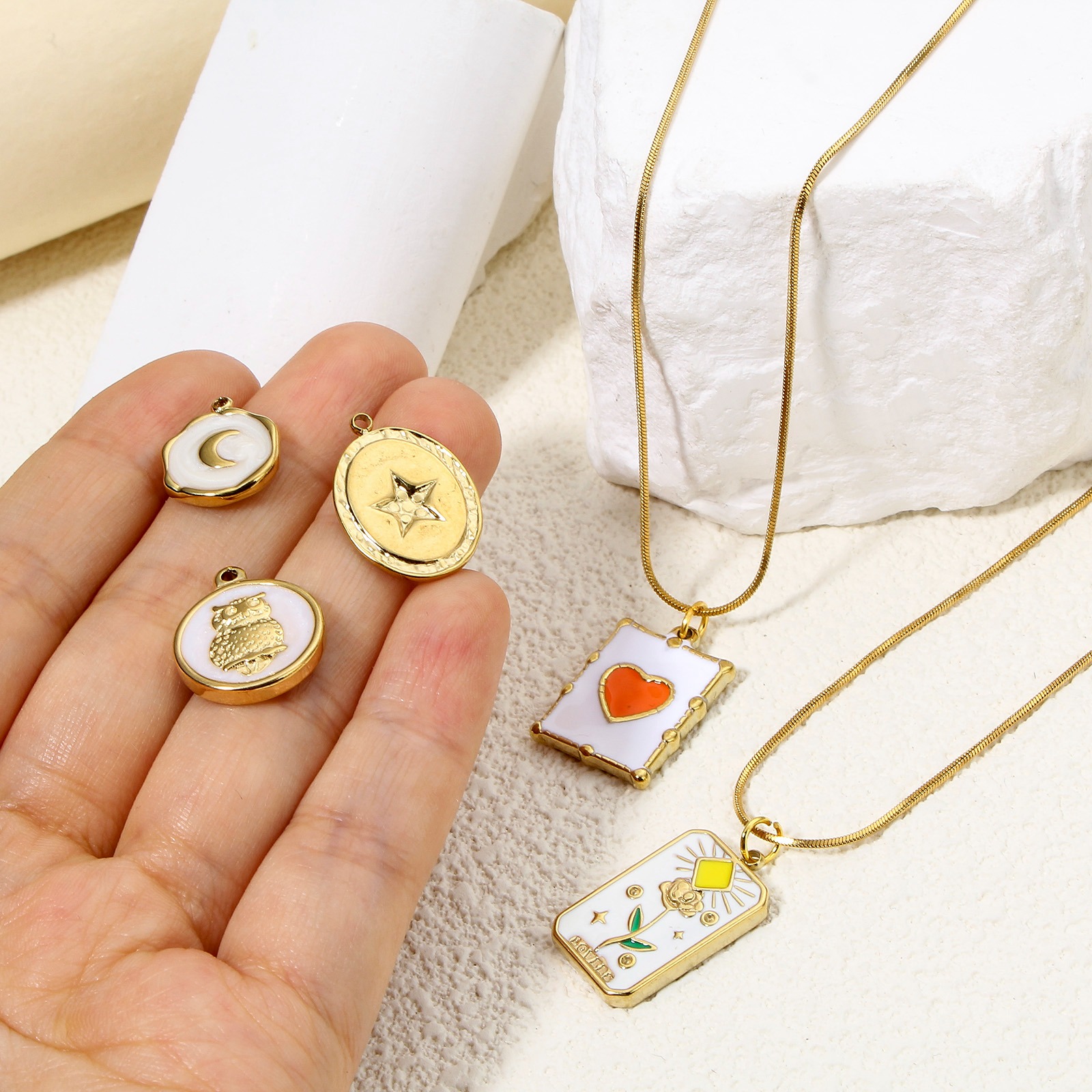 Picture of Eco-friendly Vacuum Plating 304 Stainless Steel Stylish Charms Gold Plated Multicolor Oval Rhombus Enamel
