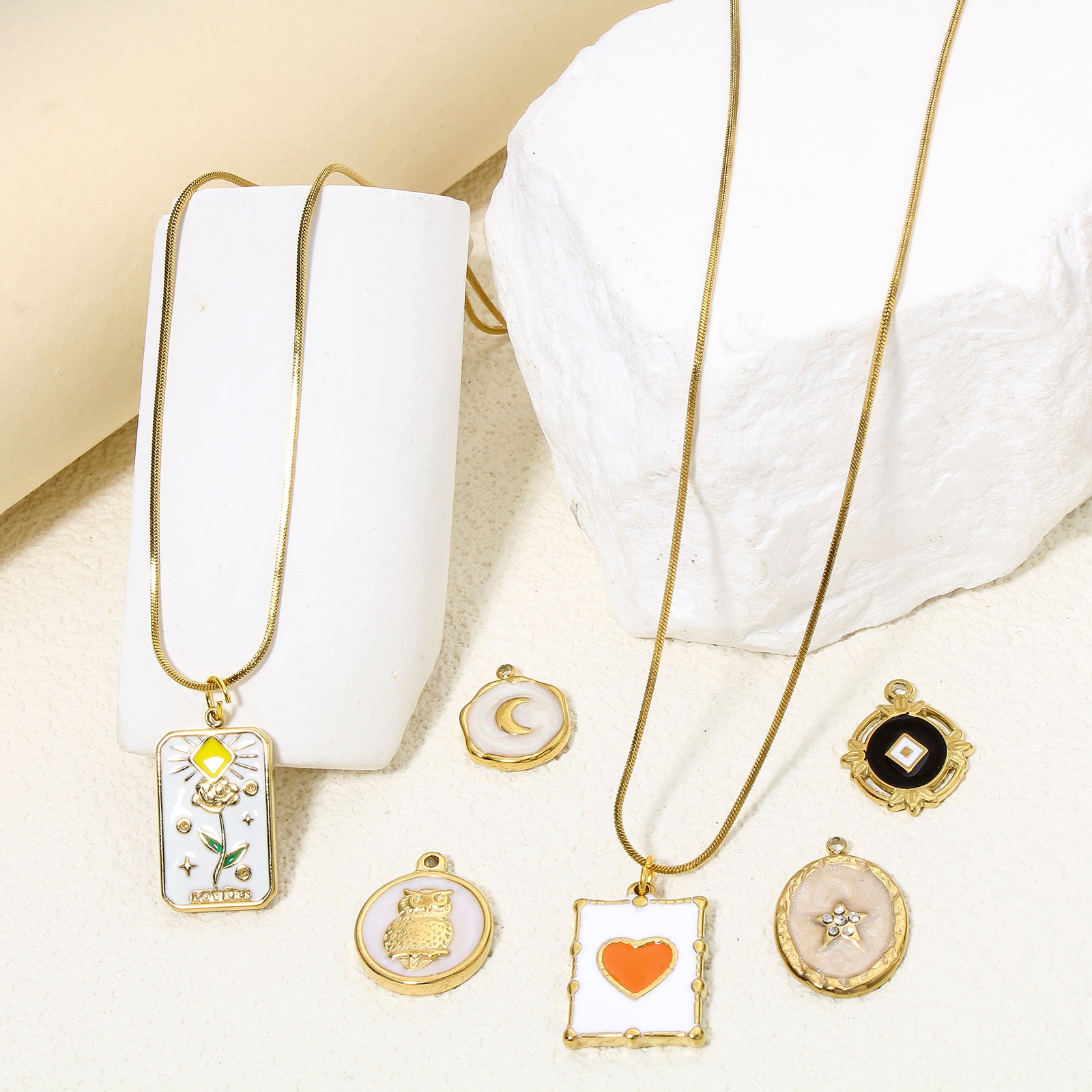 Picture of Eco-friendly Vacuum Plating 304 Stainless Steel Stylish Charms Gold Plated Multicolor Oval Rhombus Enamel