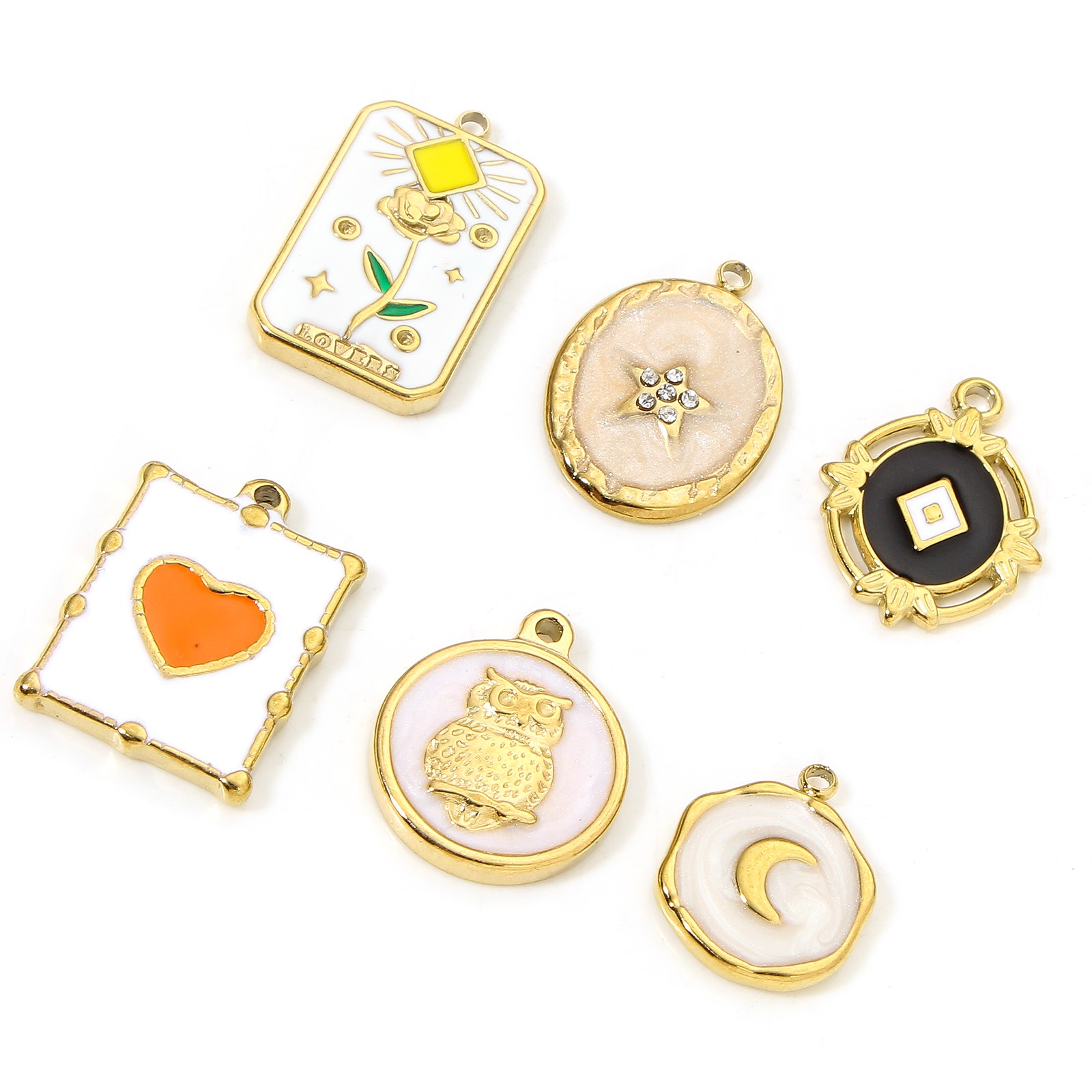 Picture of Eco-friendly Vacuum Plating 304 Stainless Steel Stylish Charms Gold Plated Multicolor Oval Rhombus Enamel