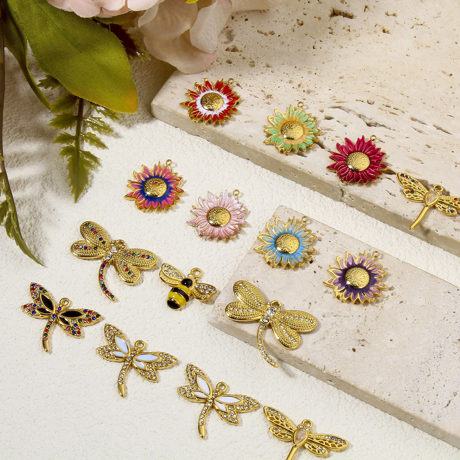 Picture of Eco-friendly 304 Stainless Steel Pastoral Style Charms Gold Plated Multicolor Bee Animal Sunflower Enamel Clear Rhinestone