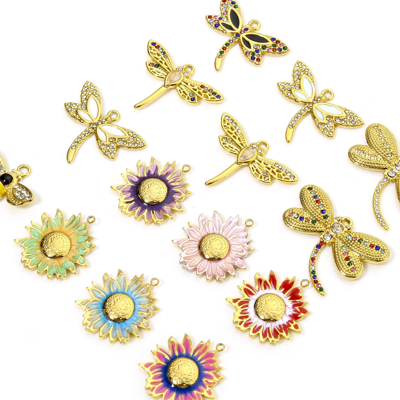 Picture of Eco-friendly 304 Stainless Steel Pastoral Style Charms Gold Plated Multicolor Bee Animal Sunflower Enamel Clear Rhinestone