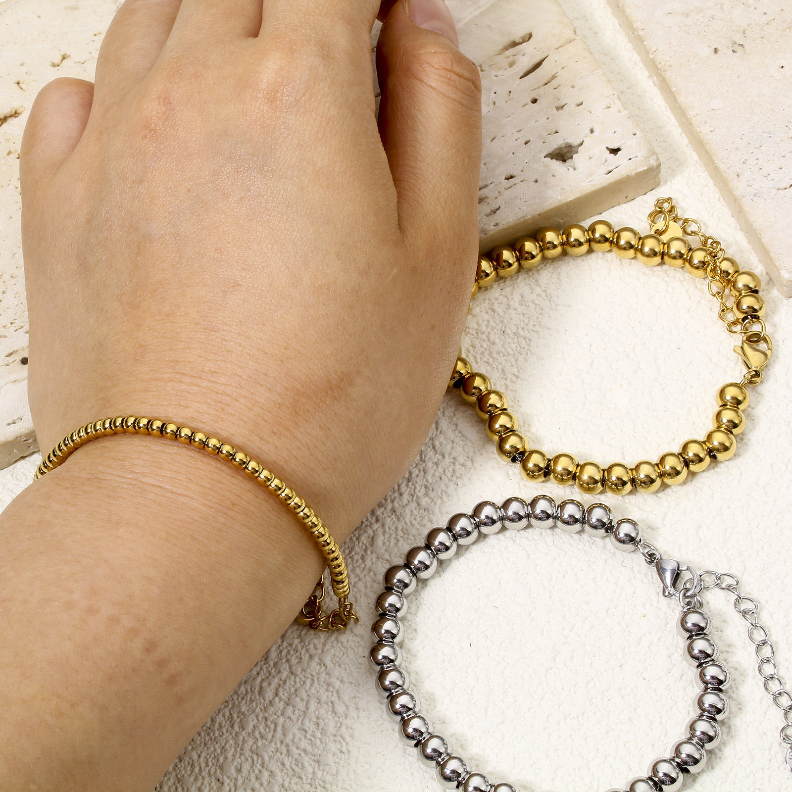 Picture of Wholesale 304 Stainless Steel Beaded Chain Bracelets, Vacuum Plating, Unisex Stylish Minimalist Gift Jewelry Supply