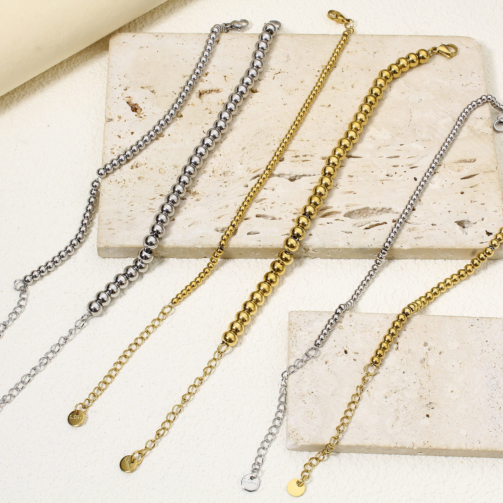 Picture of Wholesale 304 Stainless Steel Beaded Chain Bracelets, Vacuum Plating, Unisex Stylish Minimalist Gift Jewelry Supply