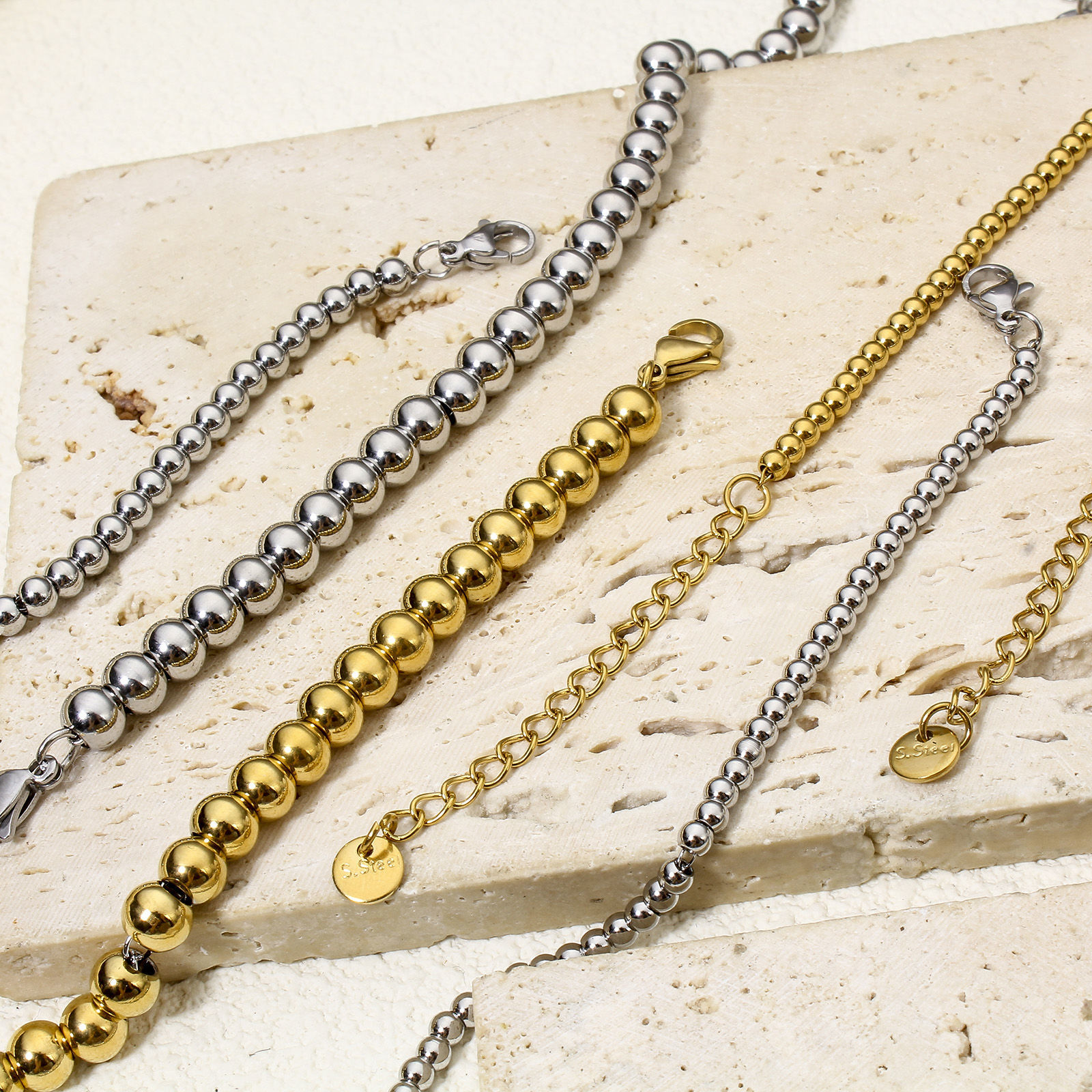 Picture of Wholesale 304 Stainless Steel Beaded Chain Bracelets, Vacuum Plating, Unisex Stylish Minimalist Gift Jewelry Supply