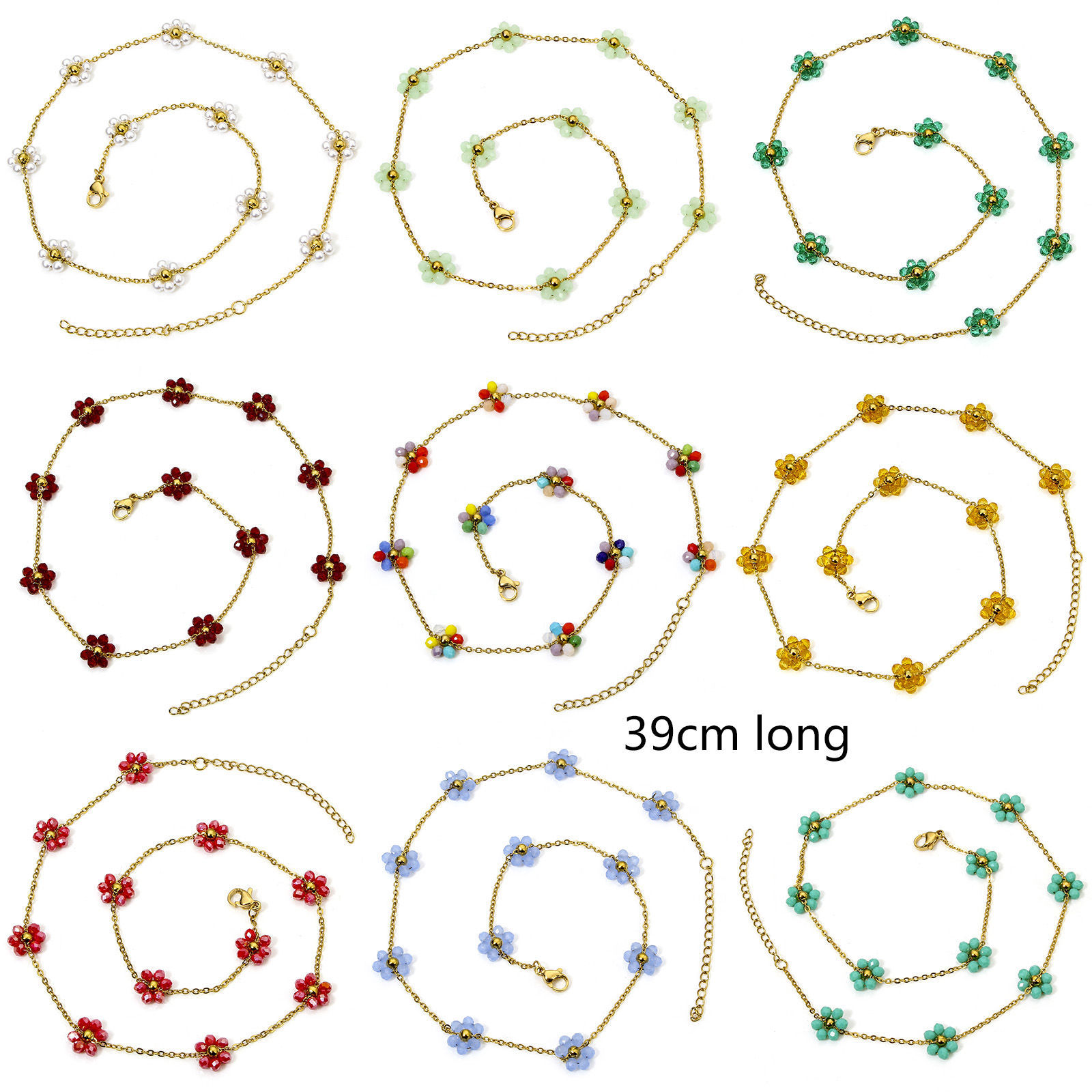 Picture of Vacuum Plating 304 Stainless Steel Beaded Chain Necklace 18K Gold Plated Flower With Lobster Claw Clasp And Extender Chain 39cm(15 3/8") long