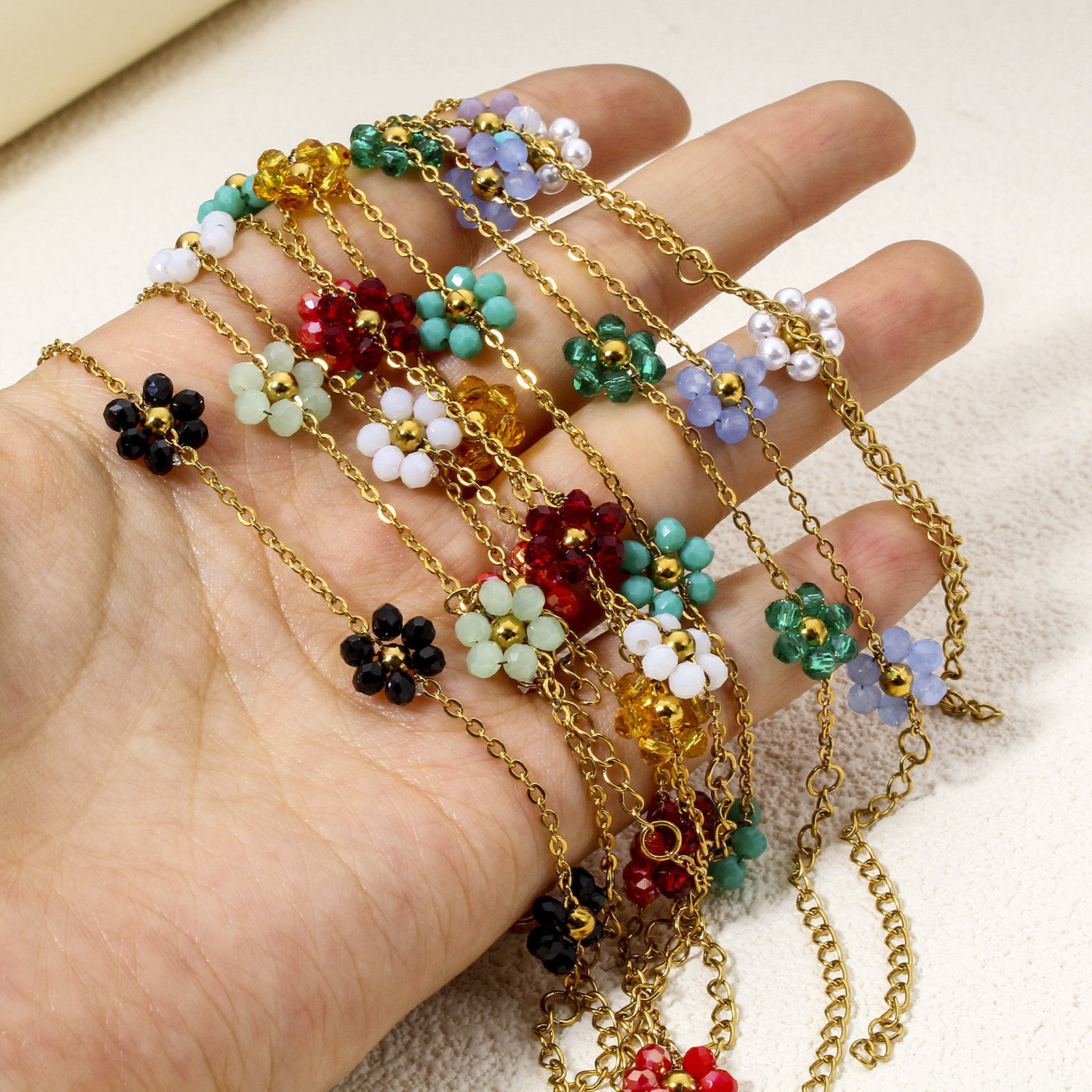 Picture of Vacuum Plating 304 Stainless Steel Beaded Chain Necklace 18K Gold Plated Flower With Lobster Claw Clasp And Extender Chain 39cm(15 3/8") long