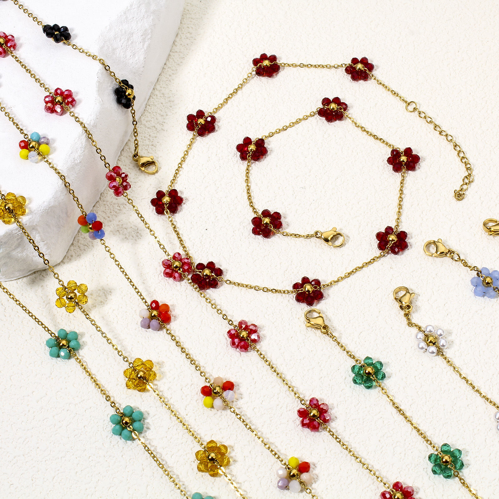 Picture of Vacuum Plating 304 Stainless Steel Beaded Chain Necklace 18K Gold Plated Flower With Lobster Claw Clasp And Extender Chain 39cm(15 3/8") long