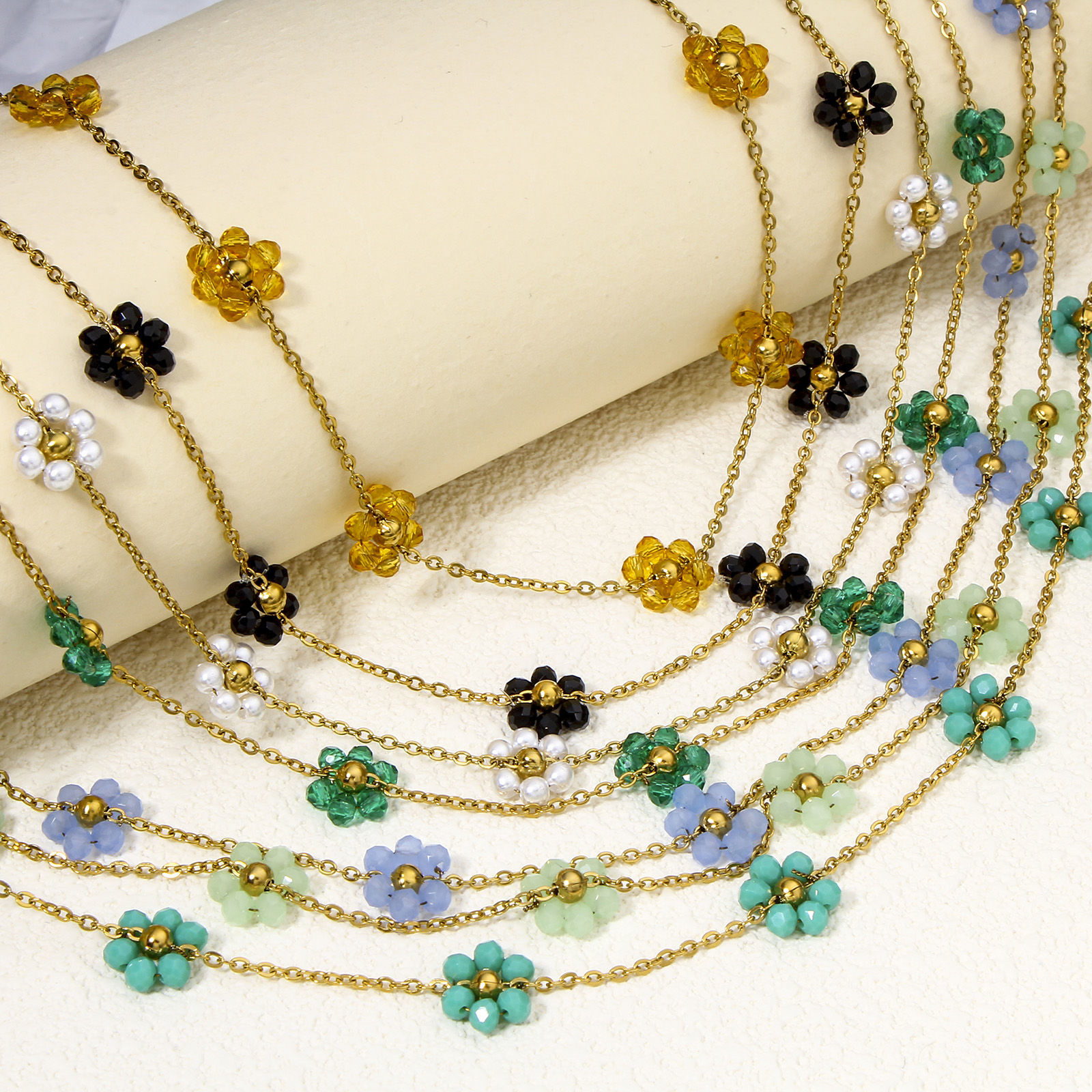 Picture of Vacuum Plating 304 Stainless Steel Beaded Chain Necklace 18K Gold Plated Flower With Lobster Claw Clasp And Extender Chain 39cm(15 3/8") long