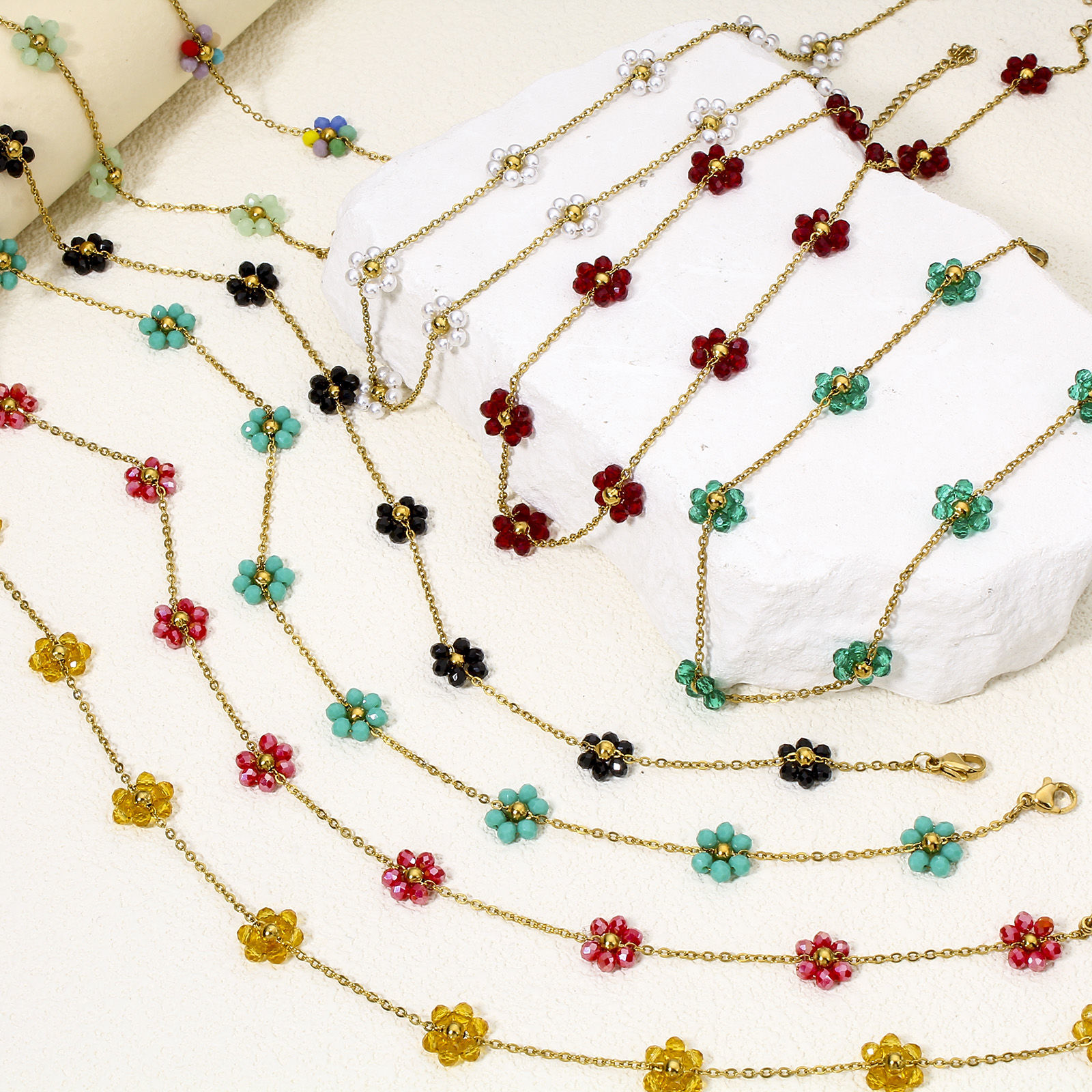 Picture of Vacuum Plating 304 Stainless Steel Beaded Chain Necklace 18K Gold Plated Flower With Lobster Claw Clasp And Extender Chain 39cm(15 3/8") long