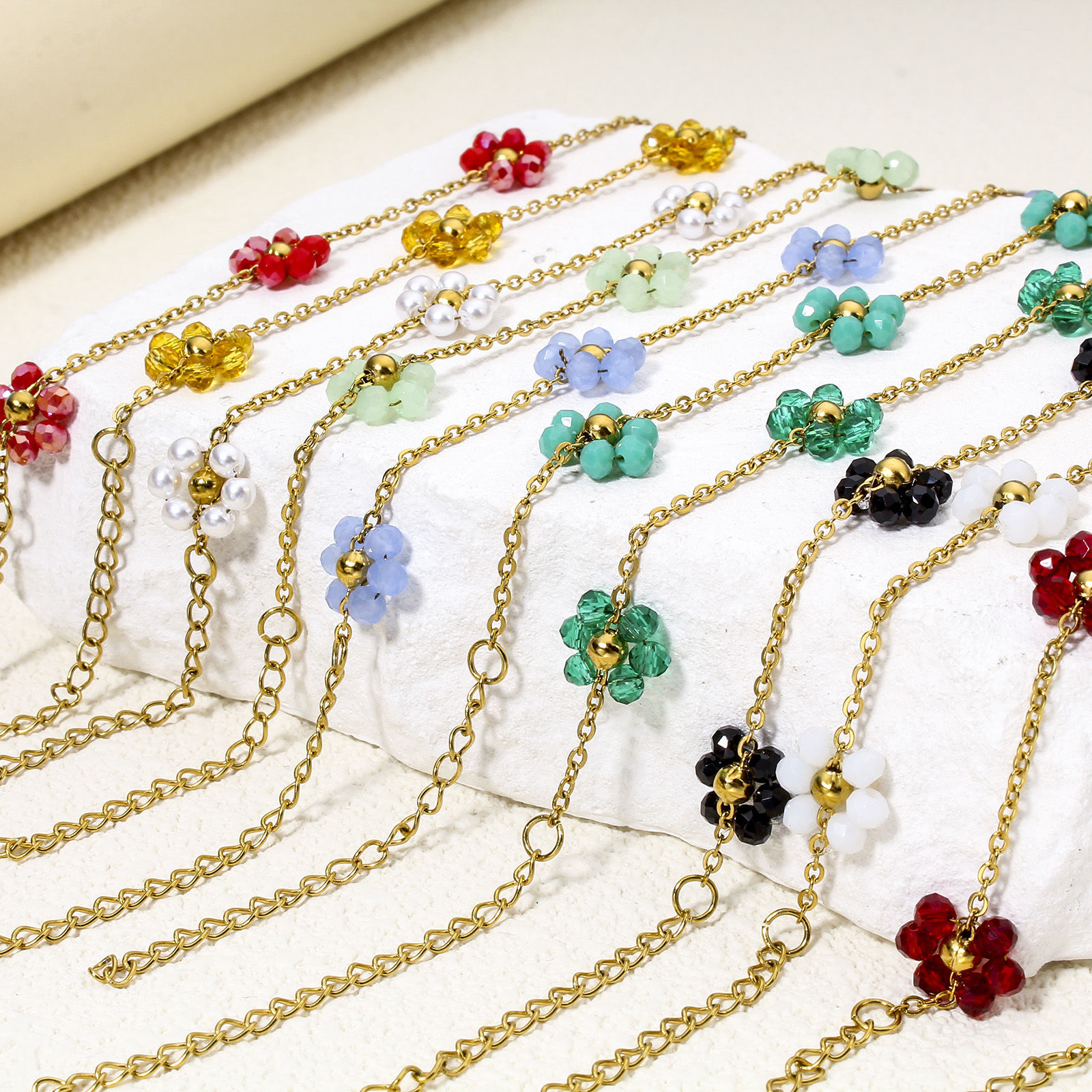 Picture of Vacuum Plating 304 Stainless Steel Beaded Chain Necklace 18K Gold Plated Flower With Lobster Claw Clasp And Extender Chain 39cm(15 3/8") long