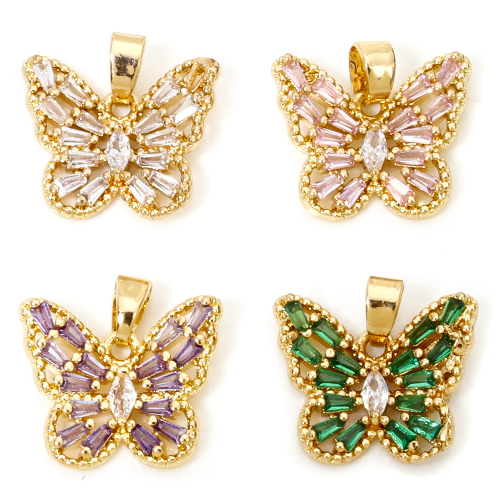 Picture of Brass Insect Charm Pendant Gold Plated Butterfly Animal Hollow Multicolor Rhinestone 16mm x 16mm
