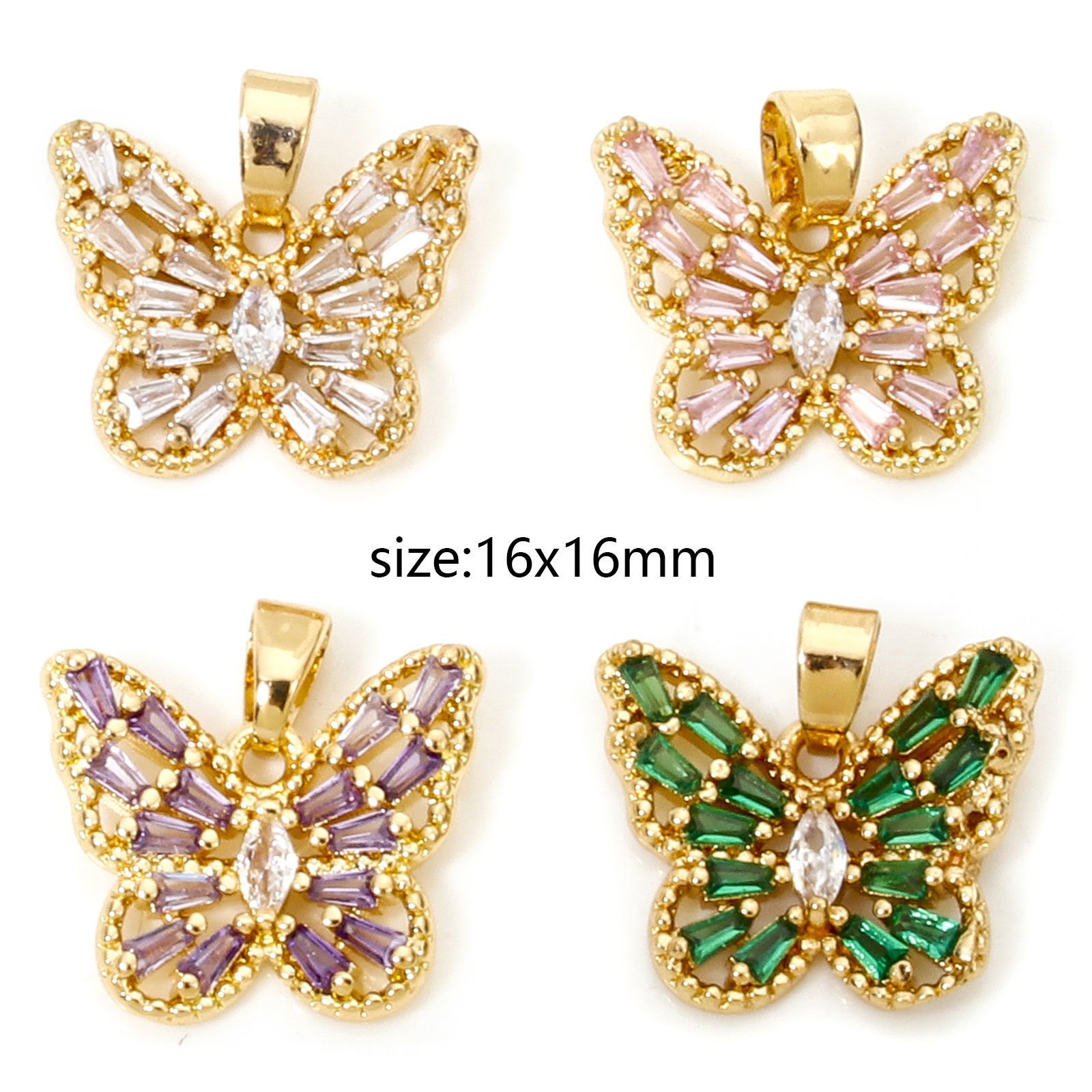 Picture of Brass Insect Charm Pendant Gold Plated Butterfly Animal Hollow Multicolor Rhinestone 16mm x 16mm