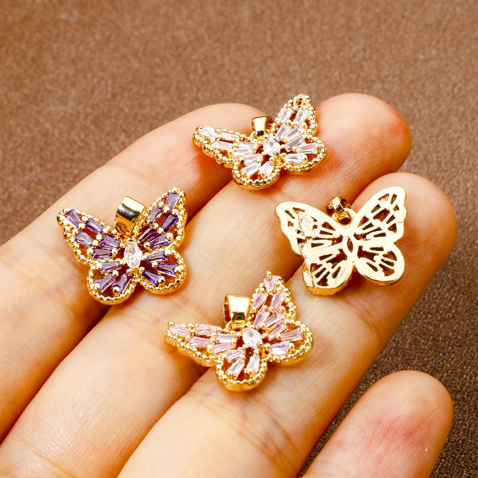 Picture of Brass Insect Charm Pendant Gold Plated Butterfly Animal Hollow Multicolor Rhinestone 16mm x 16mm