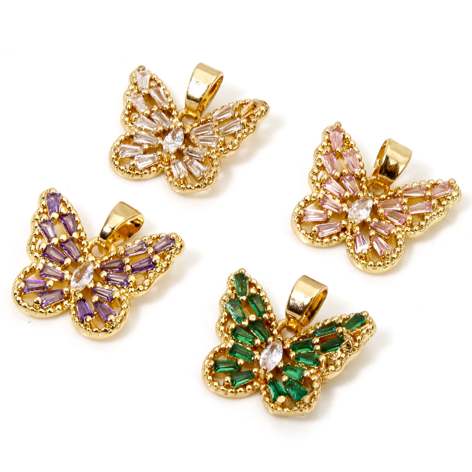 Picture of Brass Insect Charm Pendant Gold Plated Butterfly Animal Hollow Multicolor Rhinestone 16mm x 16mm