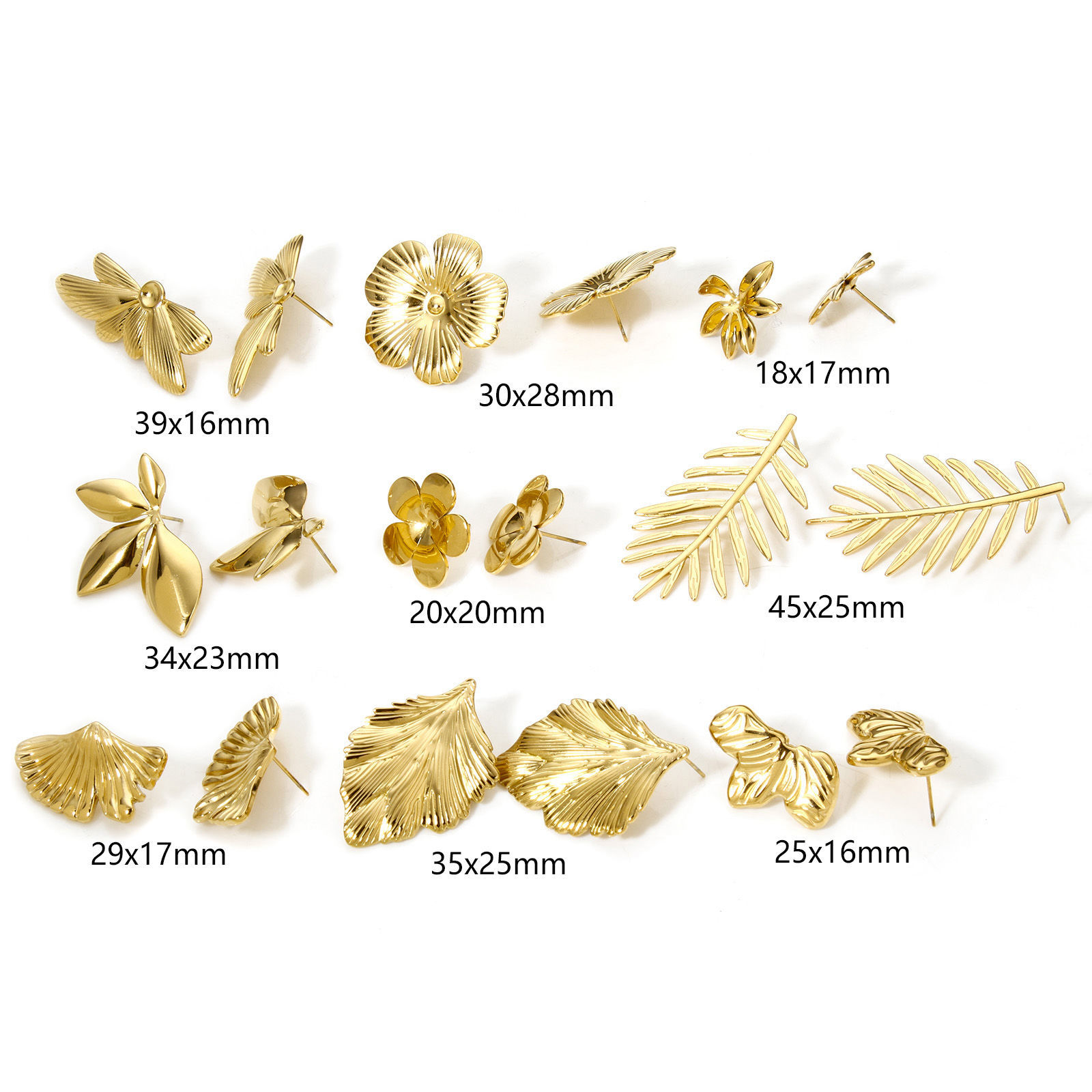 Picture of 1 Pair Vacuum Plating 304 Stainless Steel Ear Post Stud Earrings 18K Gold Plated Flower Leaves With Stoppers