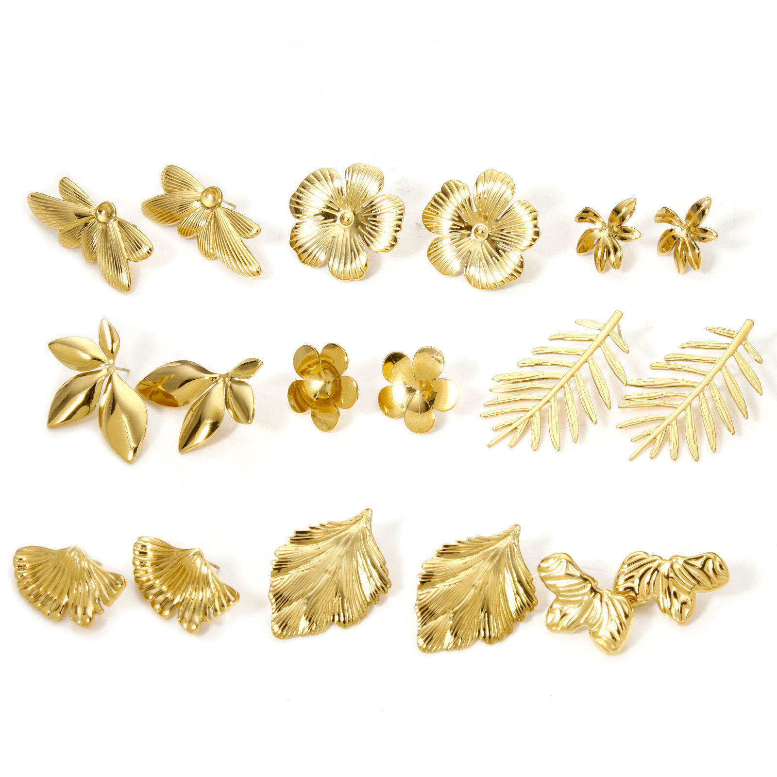 Picture of 1 Pair Vacuum Plating 304 Stainless Steel Ear Post Stud Earrings 18K Gold Plated Flower Leaves With Stoppers