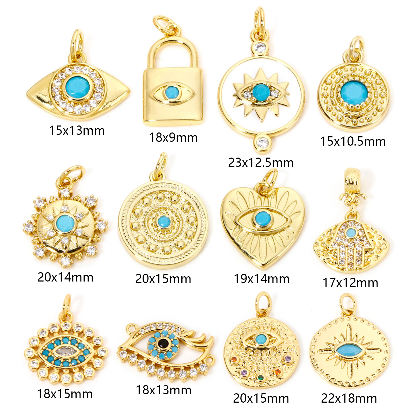 Picture of Eco-friendly Brass Charms 18K Real Gold Plated Round Eye of Providence/ All-seeing Eye Blue Cubic Zirconia