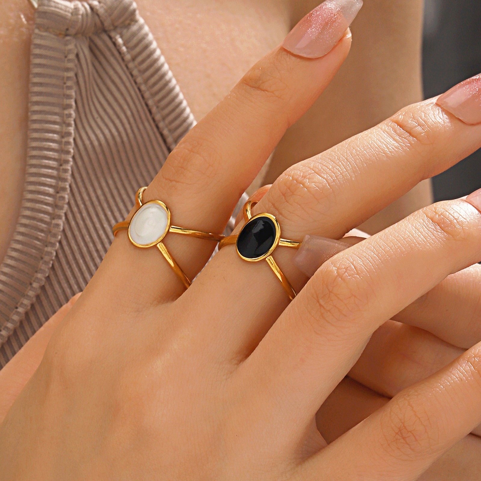 Picture of Vacuum Plating Stylish Ins Style 18K Gold Plated Multicolor 304 Stainless Steel Open Oval Enamel Rings For Women Party