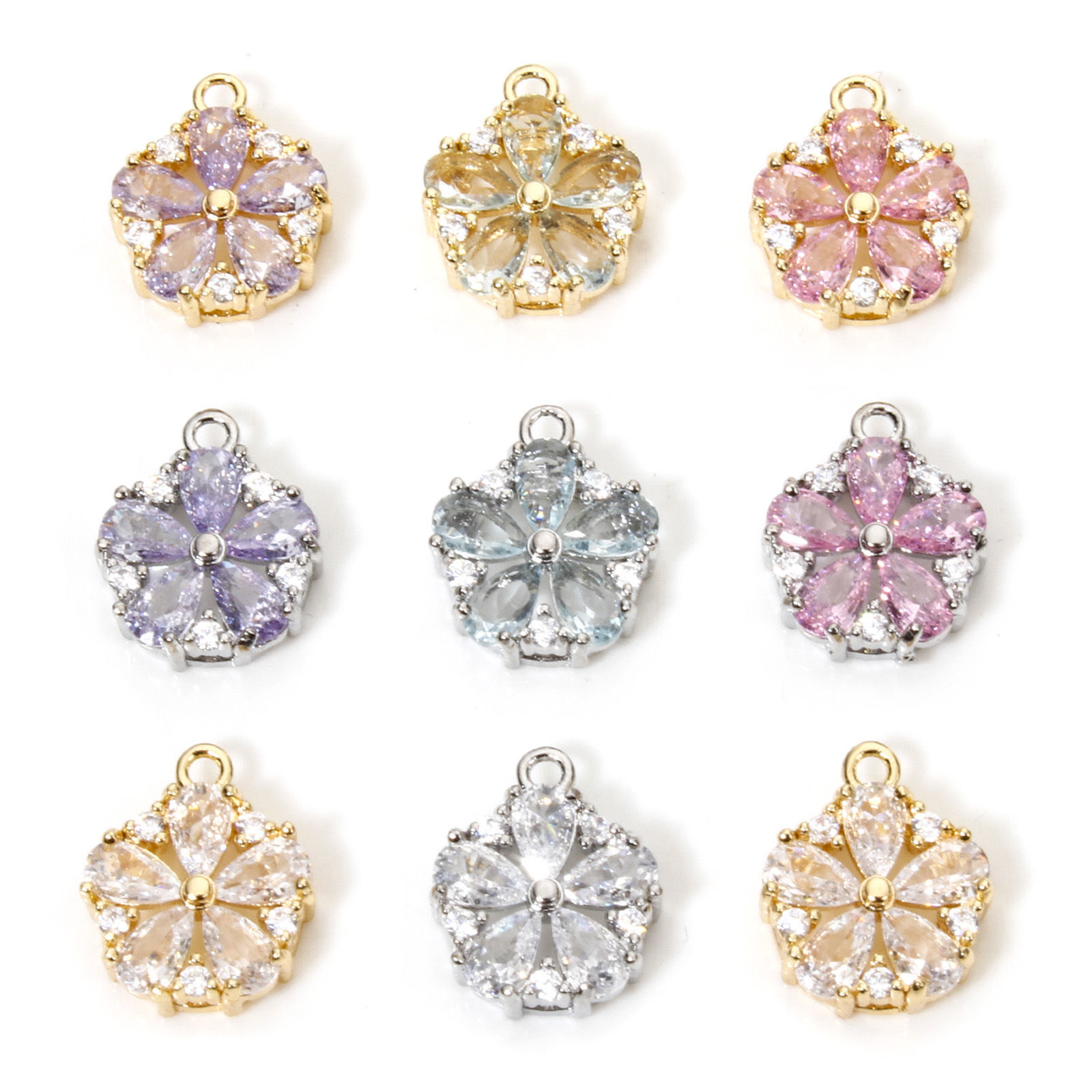 Picture of Eco-friendly Brass & Glass Charms Real Gold Plated Flower Clear Cubic Zirconia Multicolor Rhinestone 13mm x 11mm