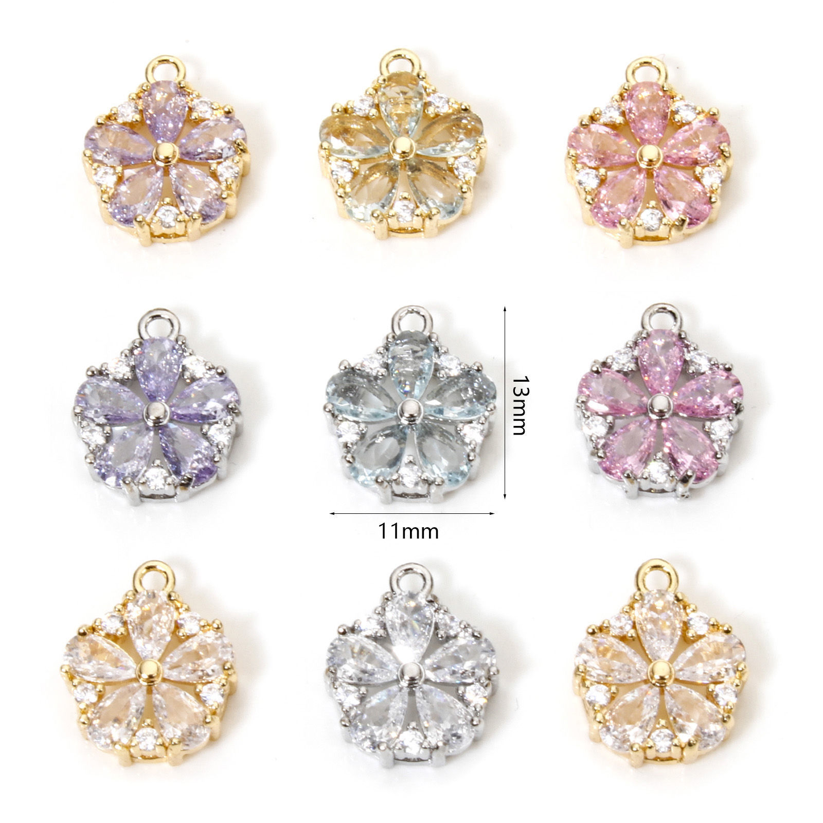 Picture of Eco-friendly Brass & Glass Charms Real Gold Plated Flower Clear Cubic Zirconia Multicolor Rhinestone 13mm x 11mm