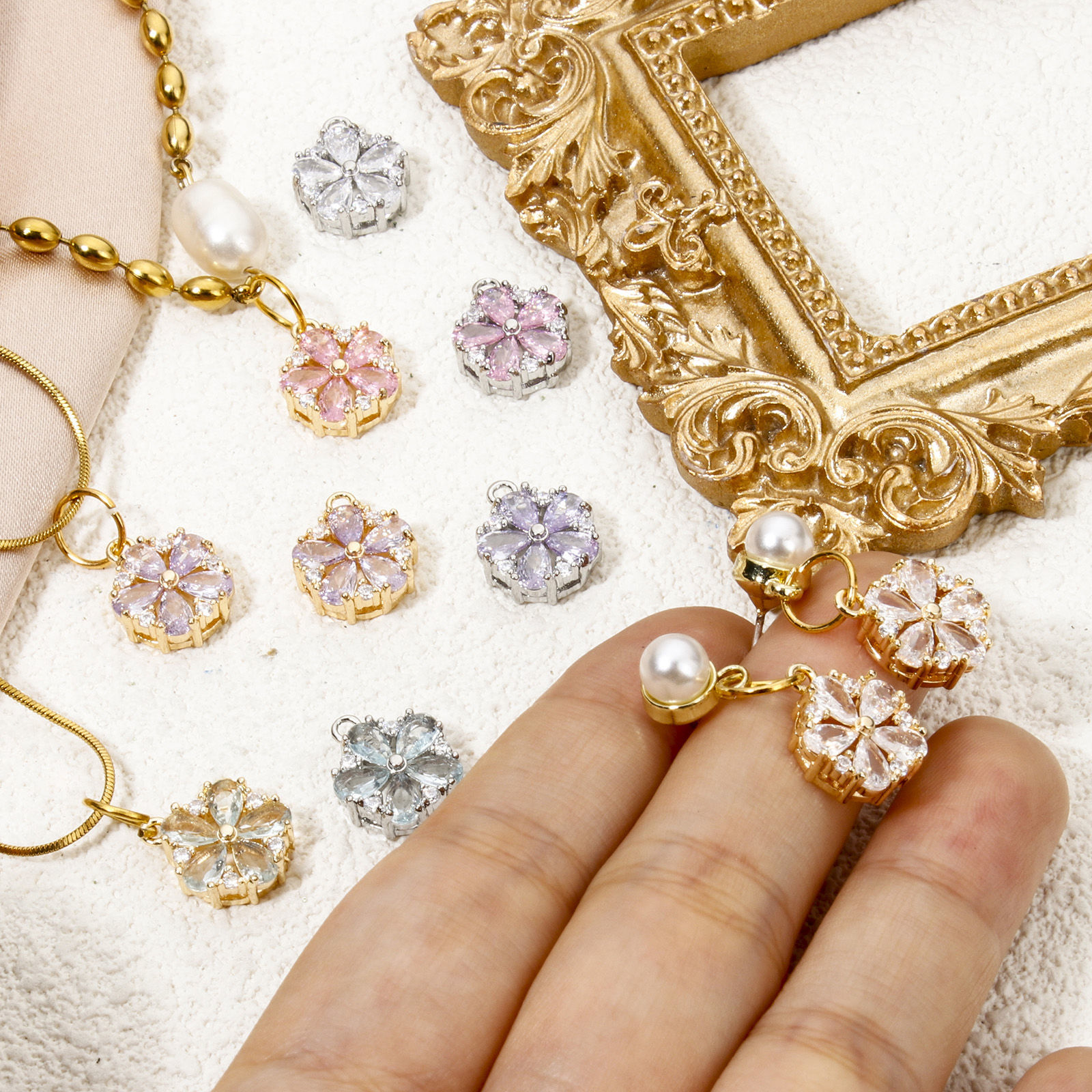 Picture of Eco-friendly Brass & Glass Charms Real Gold Plated Flower Clear Cubic Zirconia Multicolor Rhinestone 13mm x 11mm