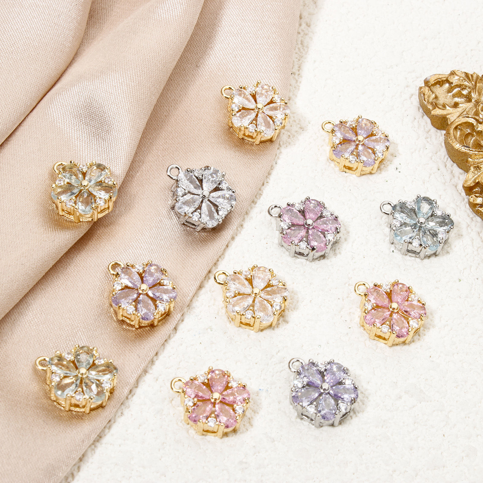 Picture of Eco-friendly Brass & Glass Charms Real Gold Plated Flower Clear Cubic Zirconia Multicolor Rhinestone 13mm x 11mm