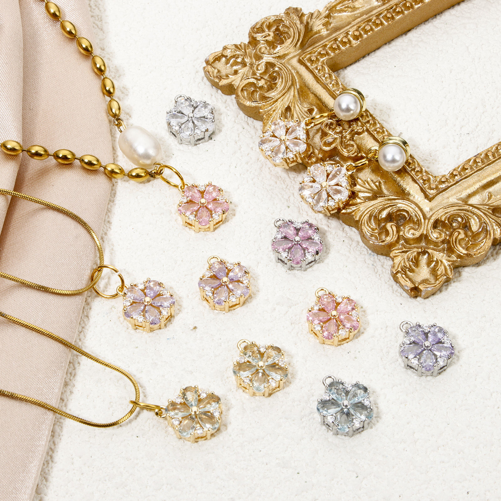 Picture of Eco-friendly Brass & Glass Charms Real Gold Plated Flower Clear Cubic Zirconia Multicolor Rhinestone 13mm x 11mm