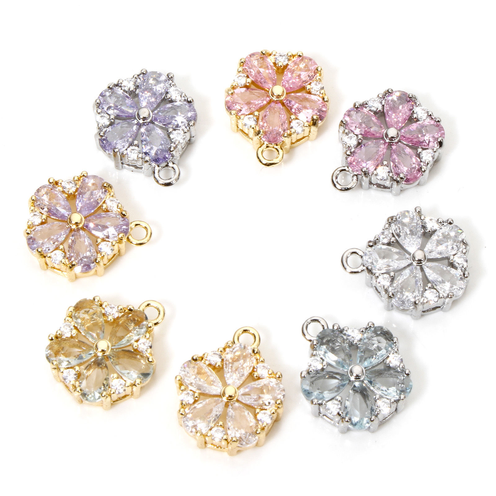 Picture of Eco-friendly Brass & Glass Charms Real Gold Plated Flower Clear Cubic Zirconia Multicolor Rhinestone 13mm x 11mm