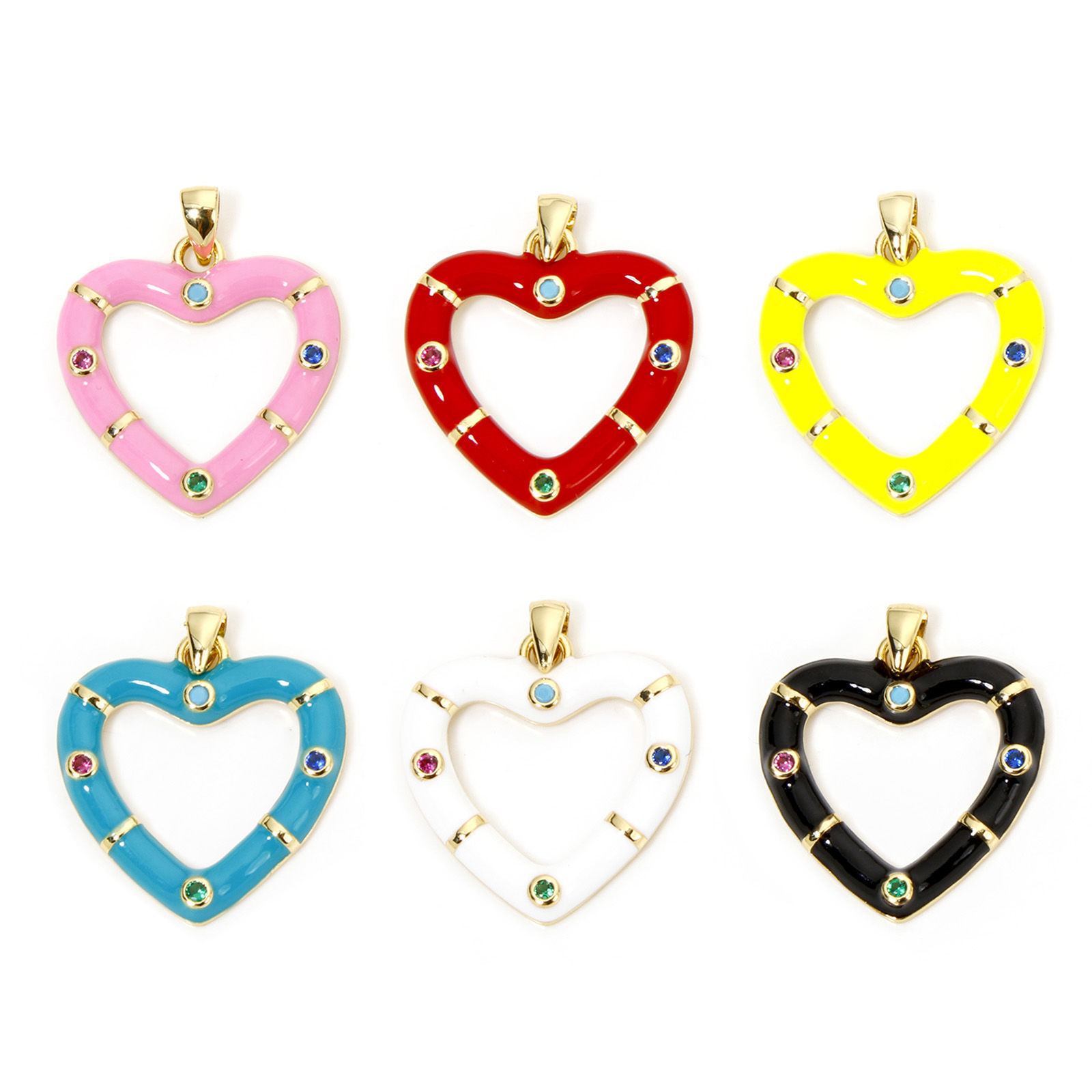 Picture of Eco-friendly Brass Valentine's Day Charm Pendant 18K Real Gold Plated Multicolor Heart Enamel Multicolour Cubic Zirconia 26mm x 21mm