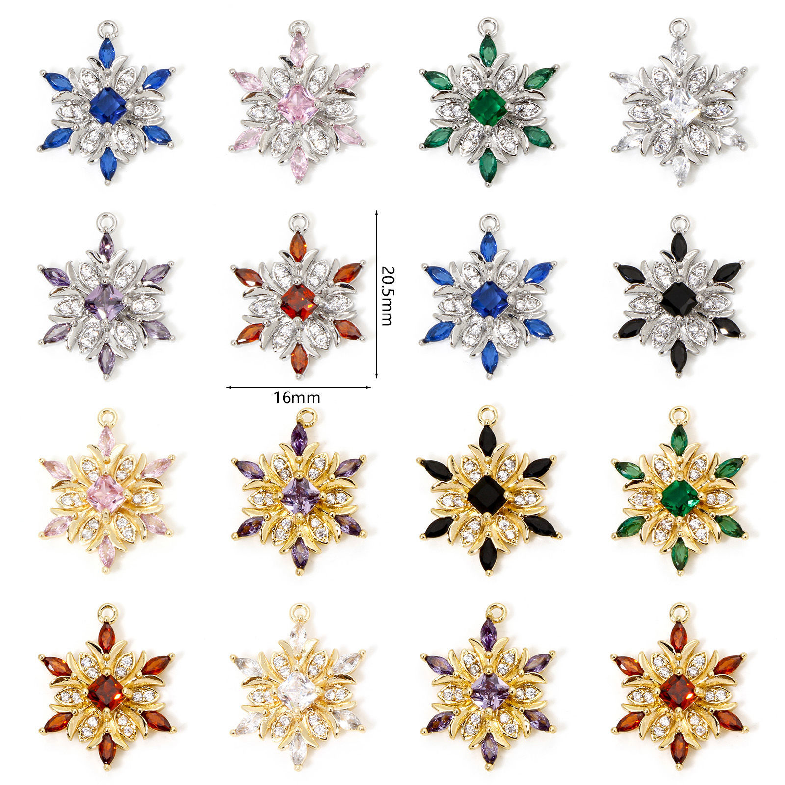 Picture of Eco-friendly Brass Christmas Charms Wholesale Real Gold Plated Christmas Snowflake Multicolor Rhinestone Clear Cubic Zirconia 20.5mm x 16mm