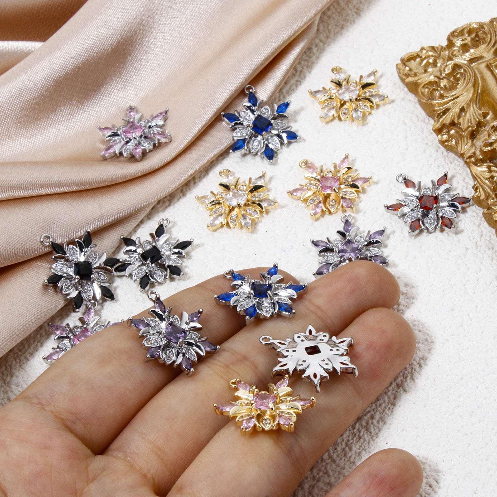 Picture of Eco-friendly Brass Christmas Charms Wholesale Real Gold Plated Christmas Snowflake Multicolor Rhinestone Clear Cubic Zirconia 20.5mm x 16mm