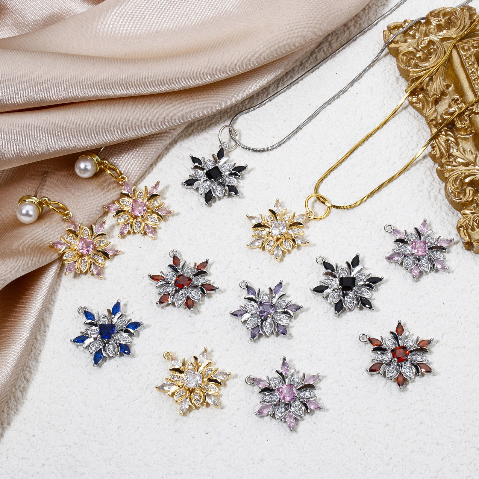 Picture of Eco-friendly Brass Christmas Charms Wholesale Real Gold Plated Christmas Snowflake Multicolor Rhinestone Clear Cubic Zirconia 20.5mm x 16mm