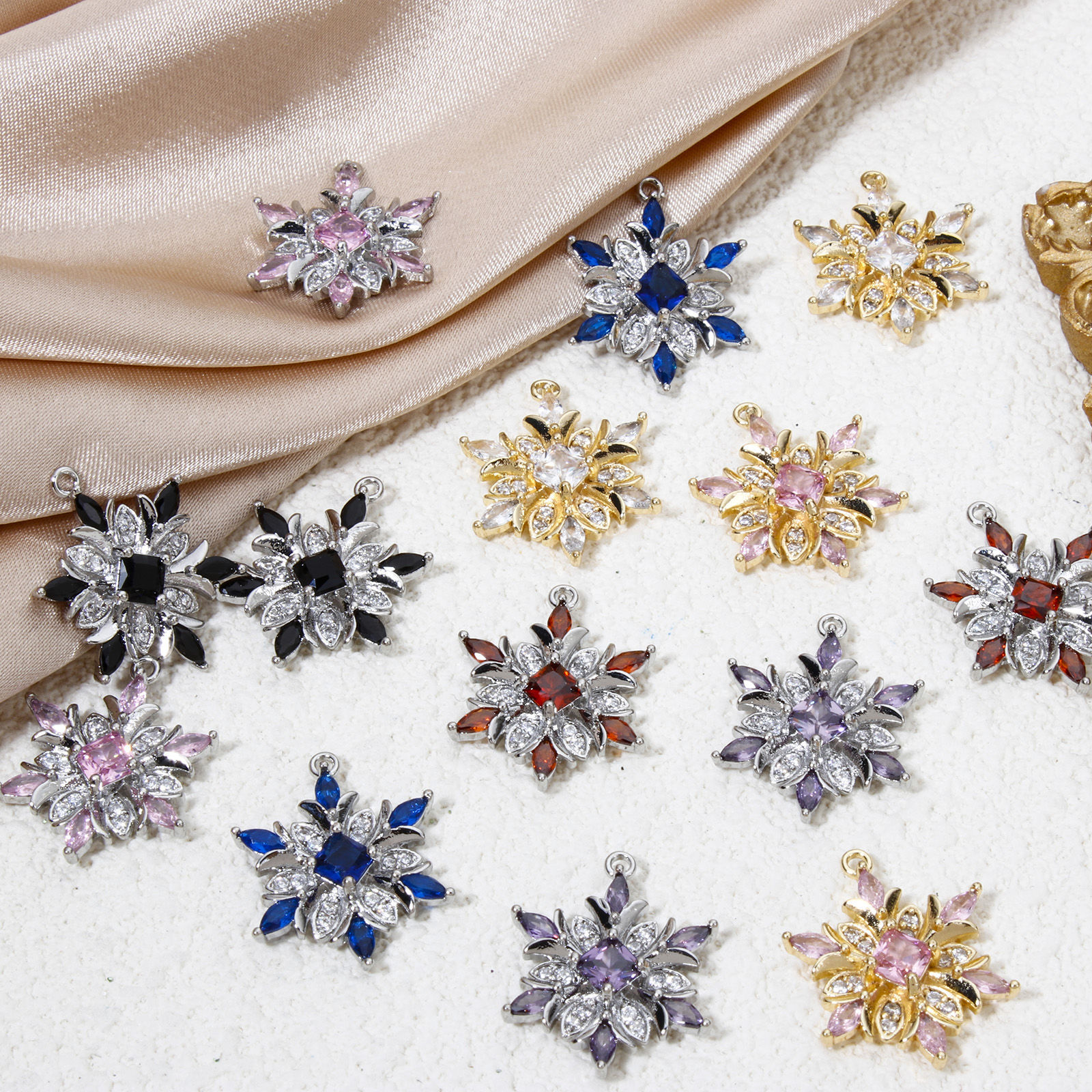 Picture of Eco-friendly Brass Christmas Charms Wholesale Real Gold Plated Christmas Snowflake Multicolor Rhinestone Clear Cubic Zirconia 20.5mm x 16mm
