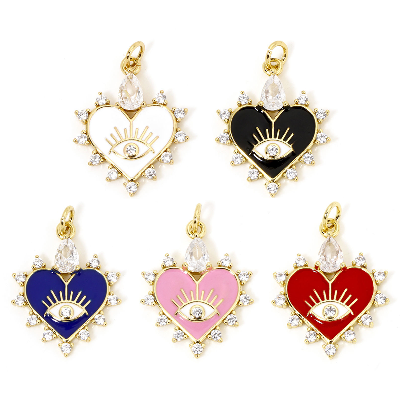 Picture of Eco-friendly Brass Valentine's Day Charms 18K Real Gold Plated Multicolor Heart Eye Enamel Clear Cubic Zirconia Clear Rhinestone 26mm x 18mm