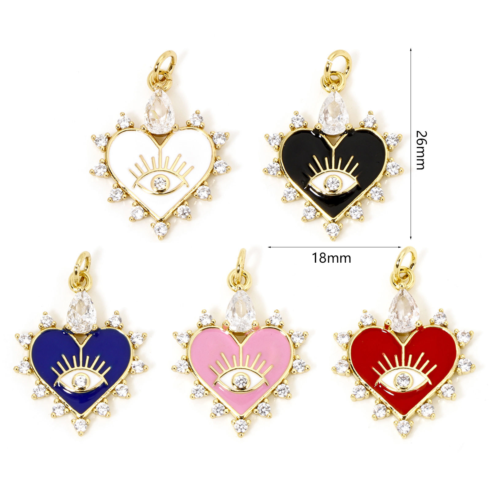 Picture of Eco-friendly Brass Valentine's Day Charms 18K Real Gold Plated Multicolor Heart Eye Enamel Clear Cubic Zirconia Clear Rhinestone 26mm x 18mm