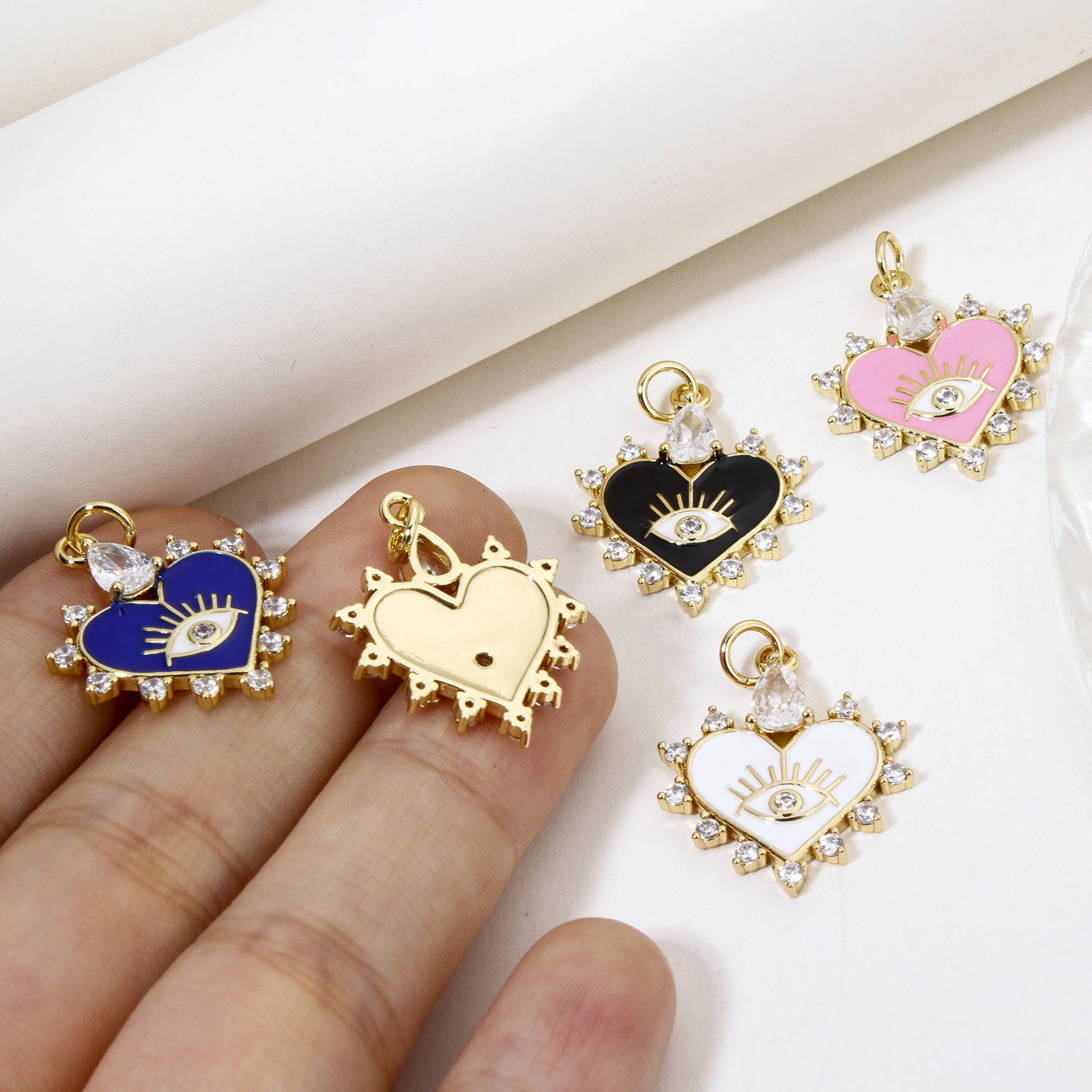 Picture of Eco-friendly Brass Valentine's Day Charms 18K Real Gold Plated Multicolor Heart Eye Enamel Clear Cubic Zirconia Clear Rhinestone 26mm x 18mm