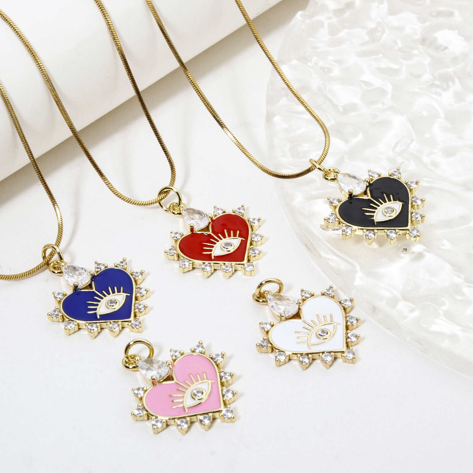 Picture of Eco-friendly Brass Valentine's Day Charms 18K Real Gold Plated Multicolor Heart Eye Enamel Clear Cubic Zirconia Clear Rhinestone 26mm x 18mm