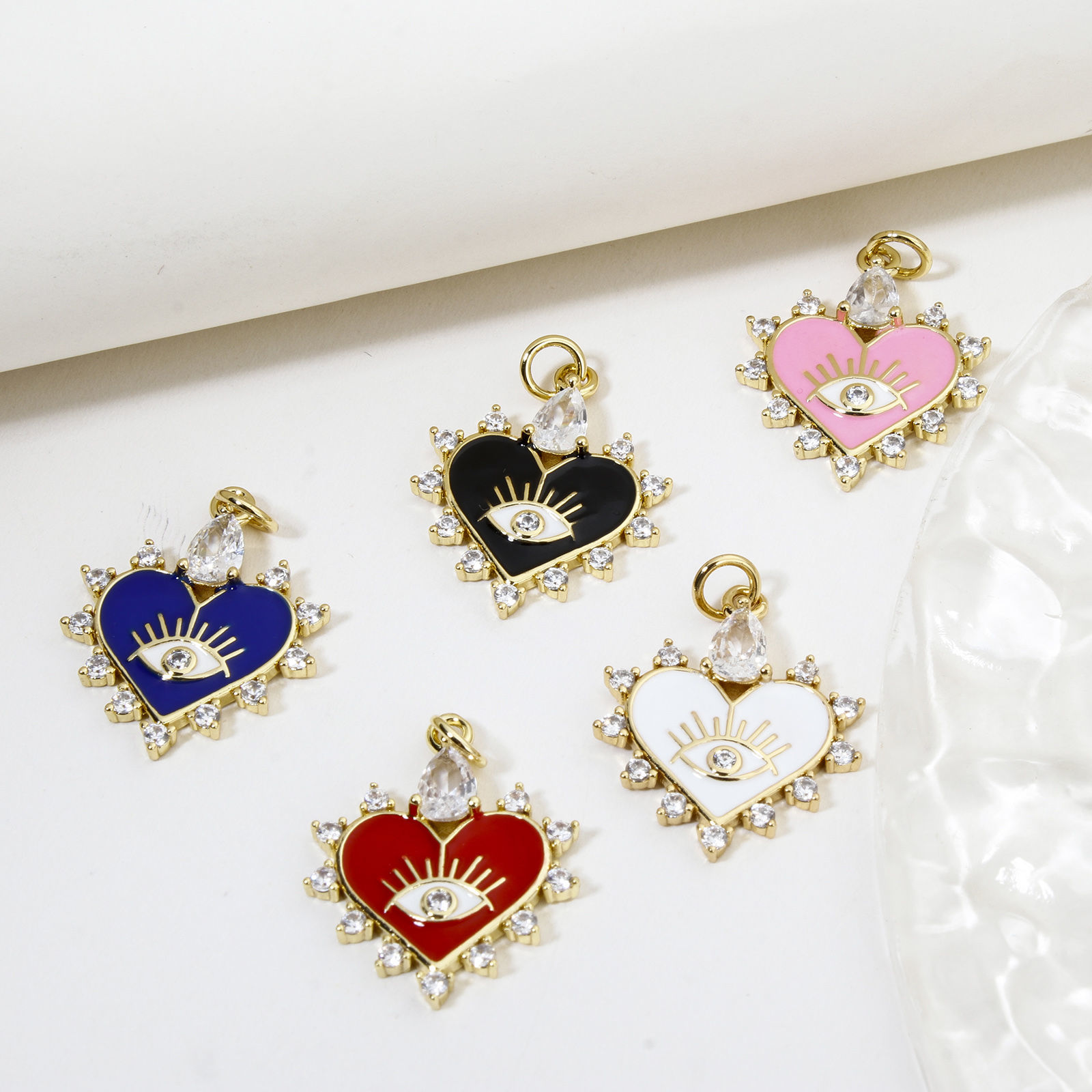 Picture of Eco-friendly Brass Valentine's Day Charms 18K Real Gold Plated Multicolor Heart Eye Enamel Clear Cubic Zirconia Clear Rhinestone 26mm x 18mm