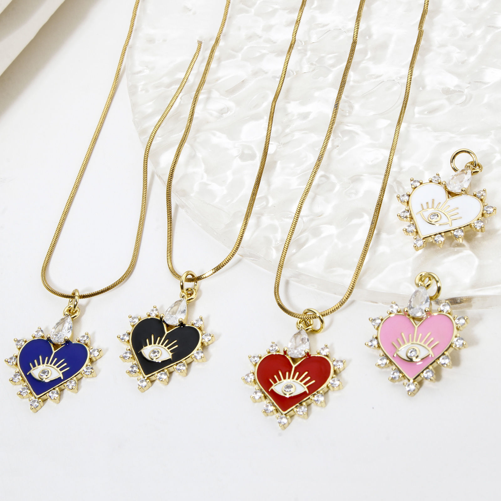 Picture of Eco-friendly Brass Valentine's Day Charms 18K Real Gold Plated Multicolor Heart Eye Enamel Clear Cubic Zirconia Clear Rhinestone 26mm x 18mm