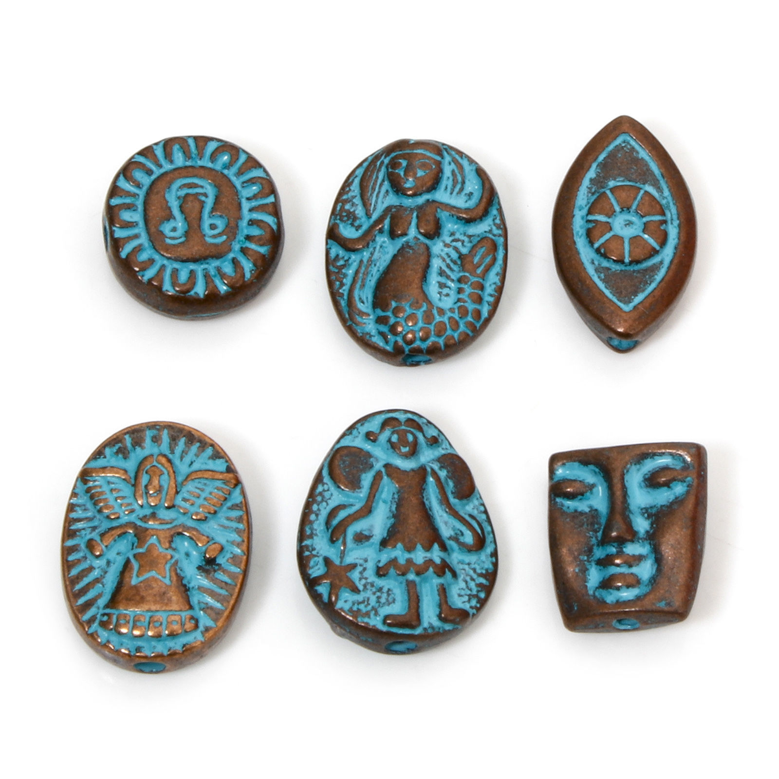 Picture of Zinc Based Alloy Spacer Beads For DIY Jewelry Making Antique Copper Blue Face Fairy Patina Finish Verdigris Effect