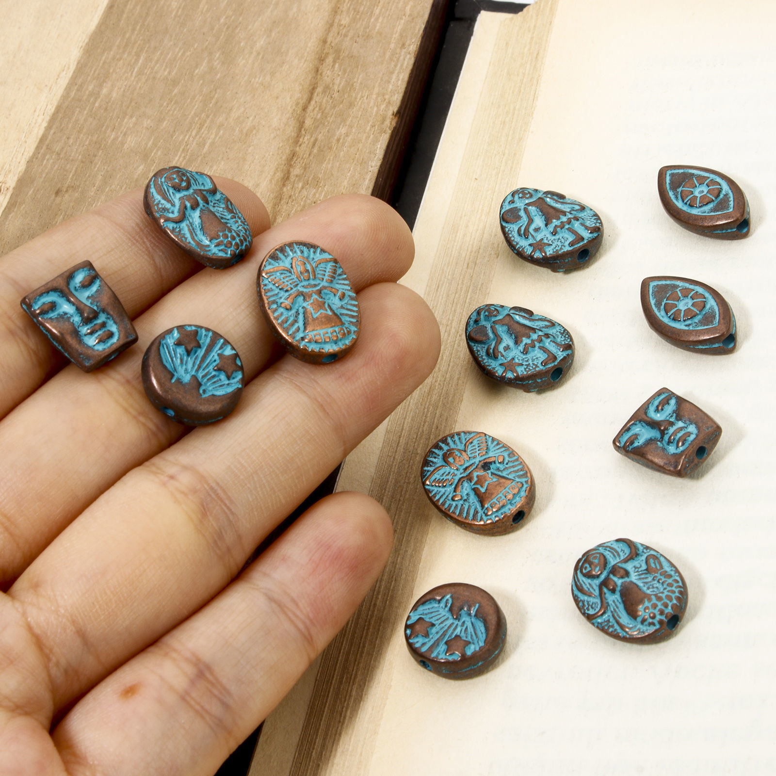 Picture of Zinc Based Alloy Spacer Beads For DIY Jewelry Making Antique Copper Blue Face Fairy Patina Finish Verdigris Effect