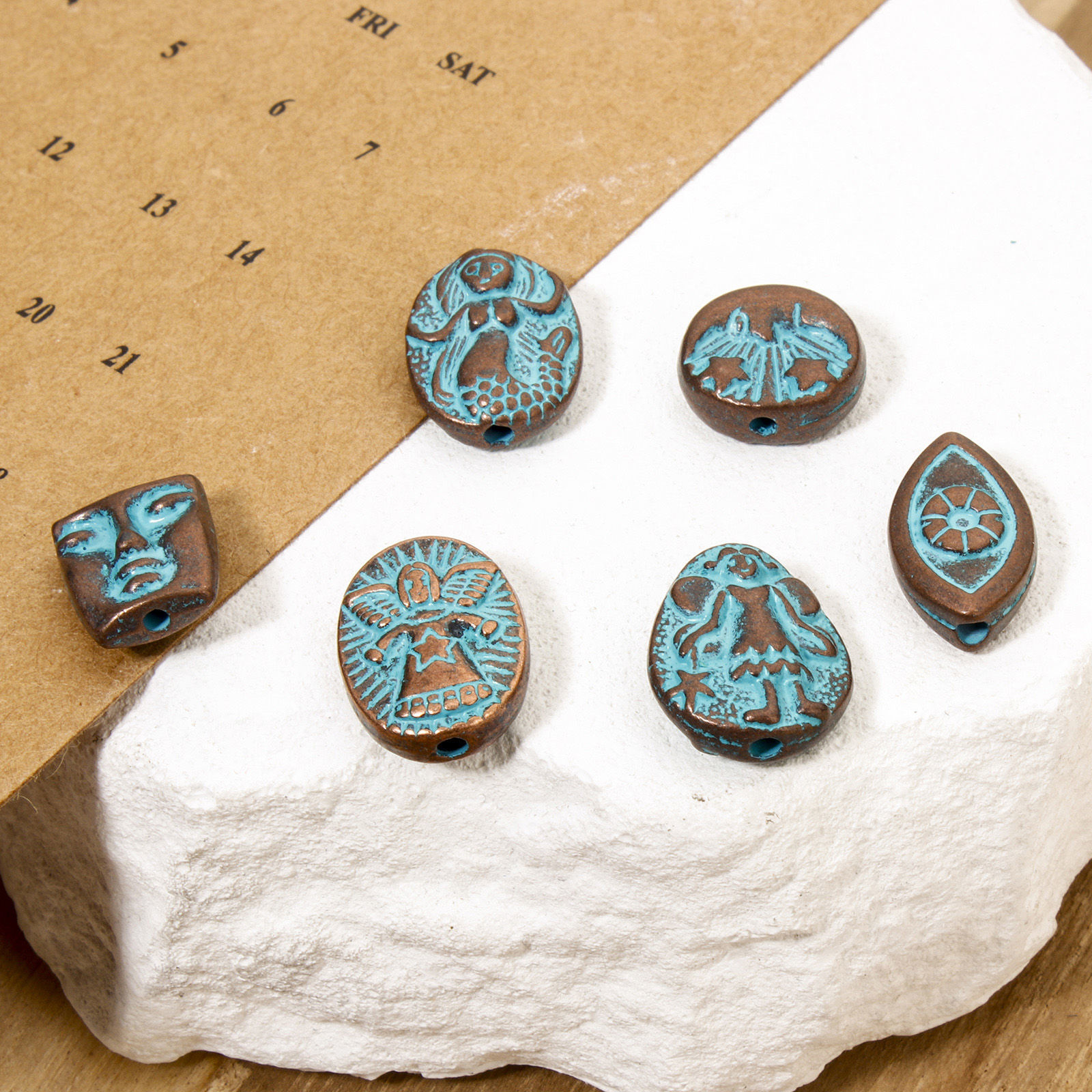 Picture of Zinc Based Alloy Spacer Beads For DIY Jewelry Making Antique Copper Blue Face Fairy Patina Finish Verdigris Effect