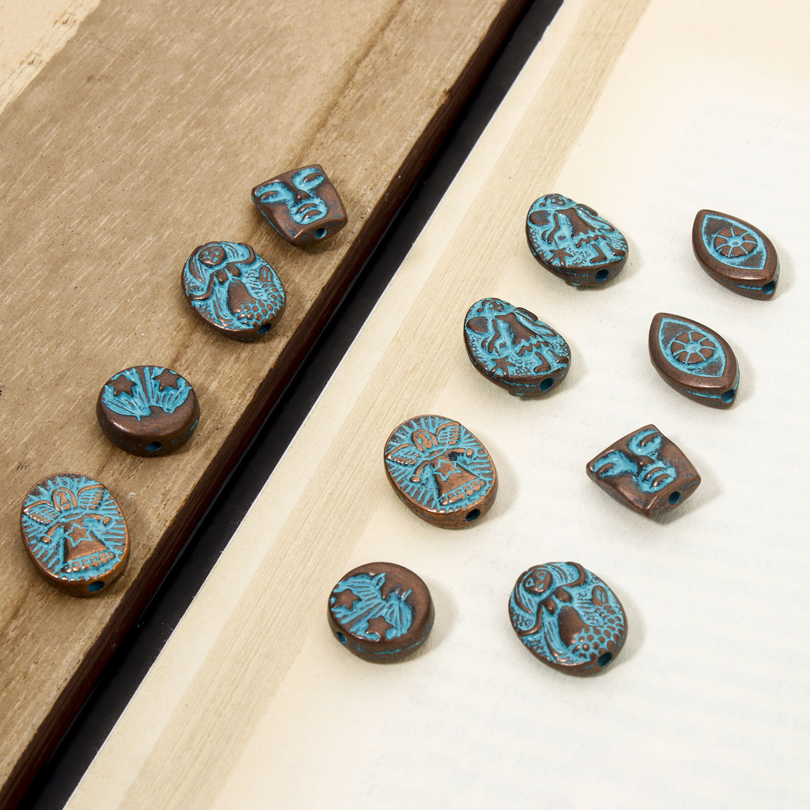Picture of Zinc Based Alloy Spacer Beads For DIY Jewelry Making Antique Copper Blue Face Fairy Patina Finish Verdigris Effect