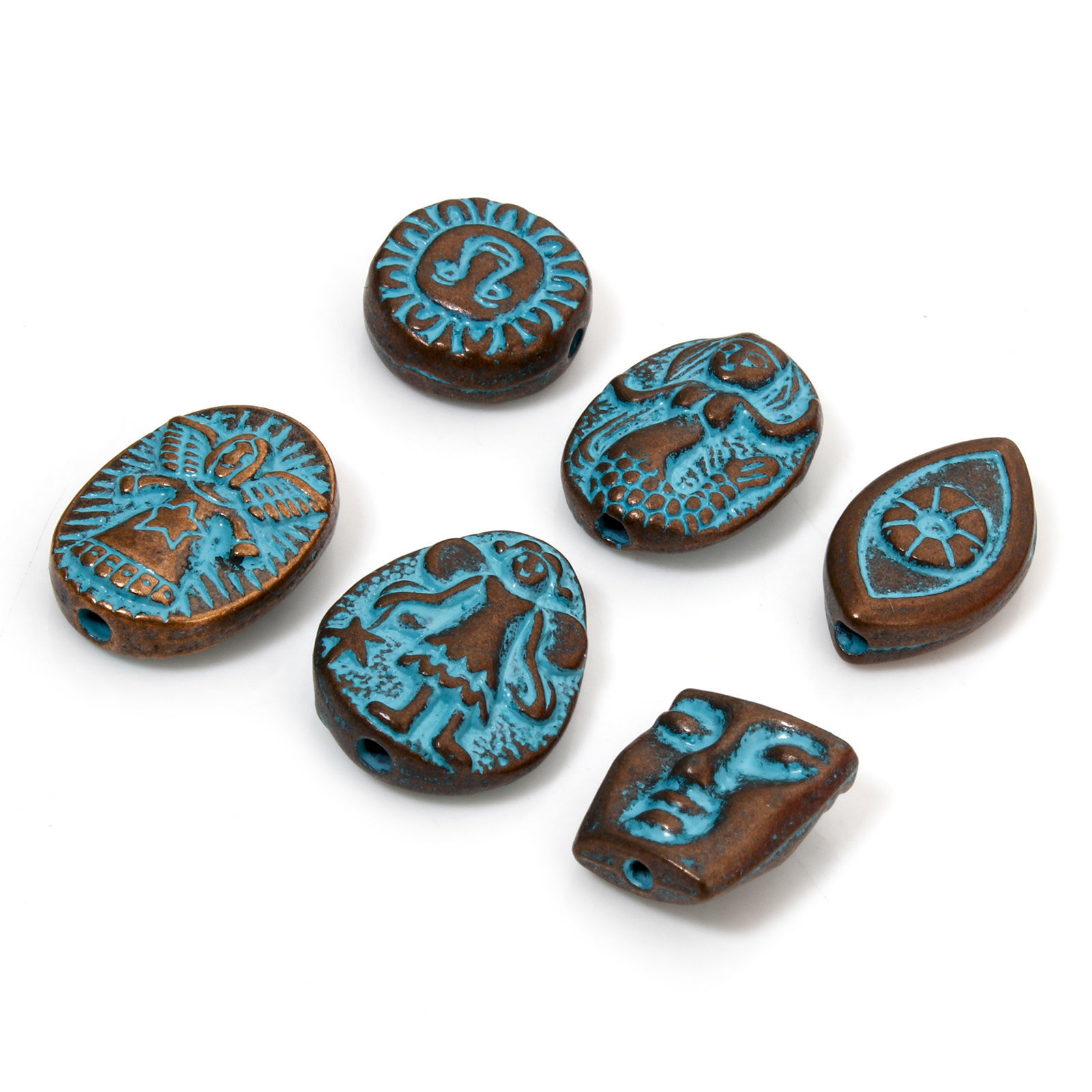 Picture of Zinc Based Alloy Spacer Beads For DIY Jewelry Making Antique Copper Blue Face Fairy Patina Finish Verdigris Effect