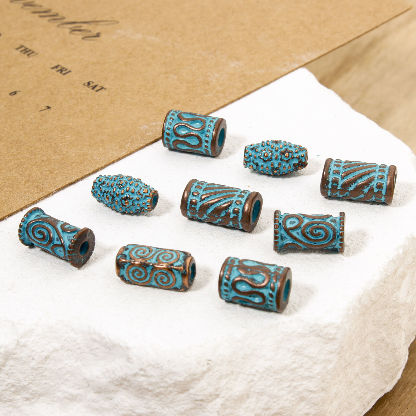 Picture of Zinc Based Alloy Spacer Beads For DIY Jewelry Making Antique Copper Blue Cylinder Spiral Patina Finish Verdigris Effect