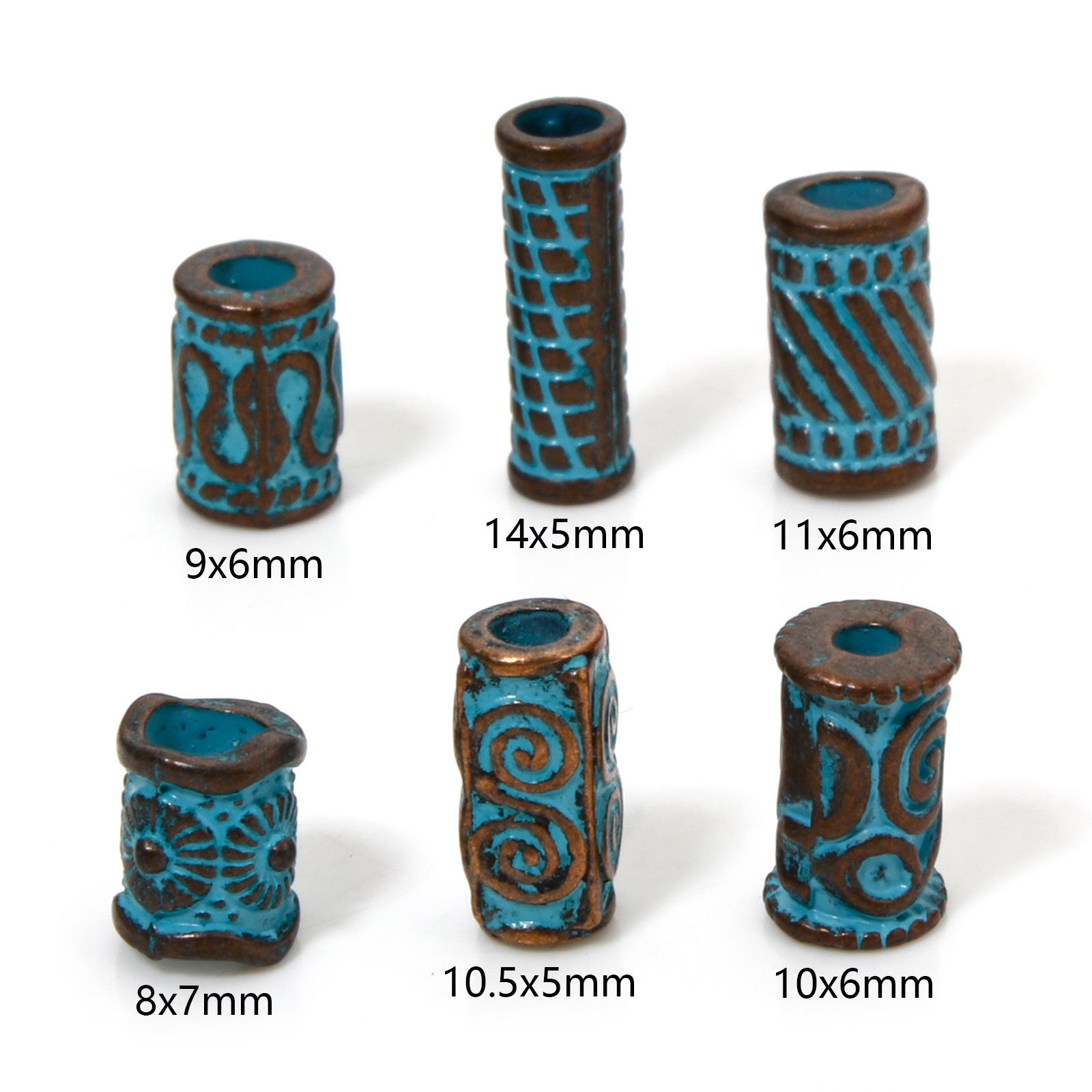Picture of Zinc Based Alloy Spacer Beads For DIY Jewelry Making Antique Copper Blue Cylinder Spiral Patina Finish Verdigris Effect